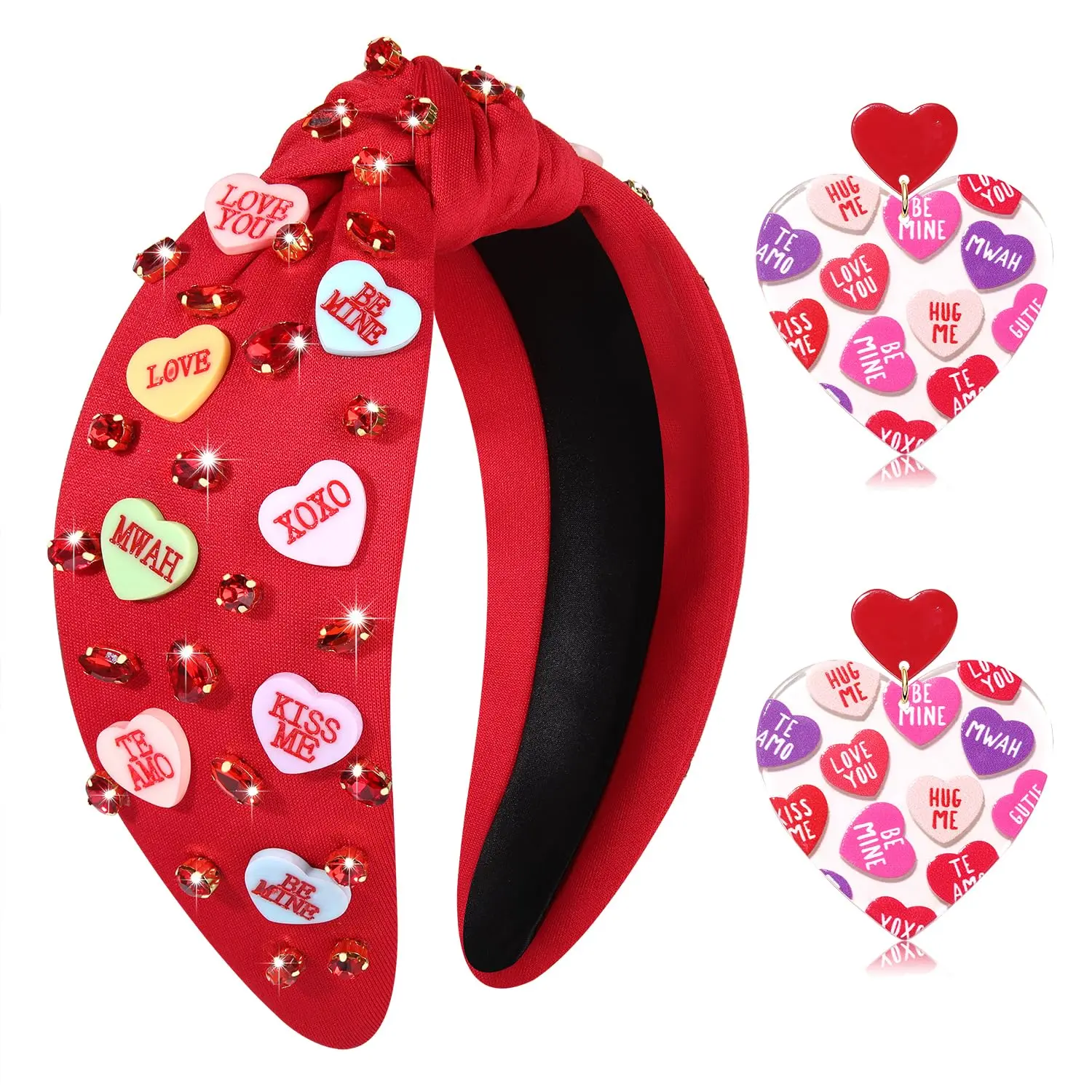 Valentine's Day Hairband, Red  Heart Knotted Headband with XOXO BE MINE  Charms,  Jeweled Wide Top Knot Headband, Conversation Heart Hair Accessories, Party Decorations