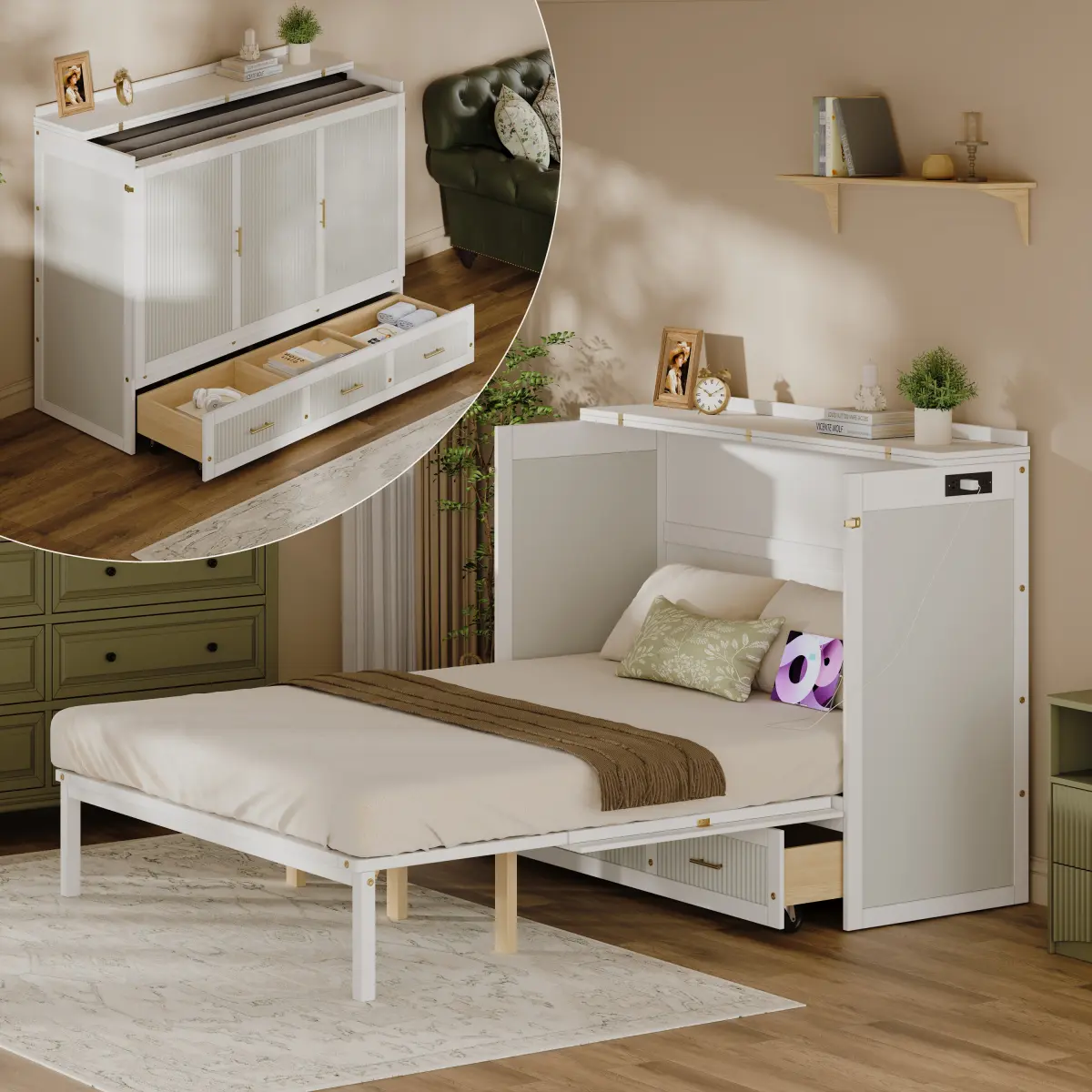 Queen Size Murphy Bed Cabinet with Charging Station and 3 Storage Drawers, Space Saving Foldaway Bed Frame, Hidden Wall Bed for Guest Room, Home Office, Apartment, Studio (White)
