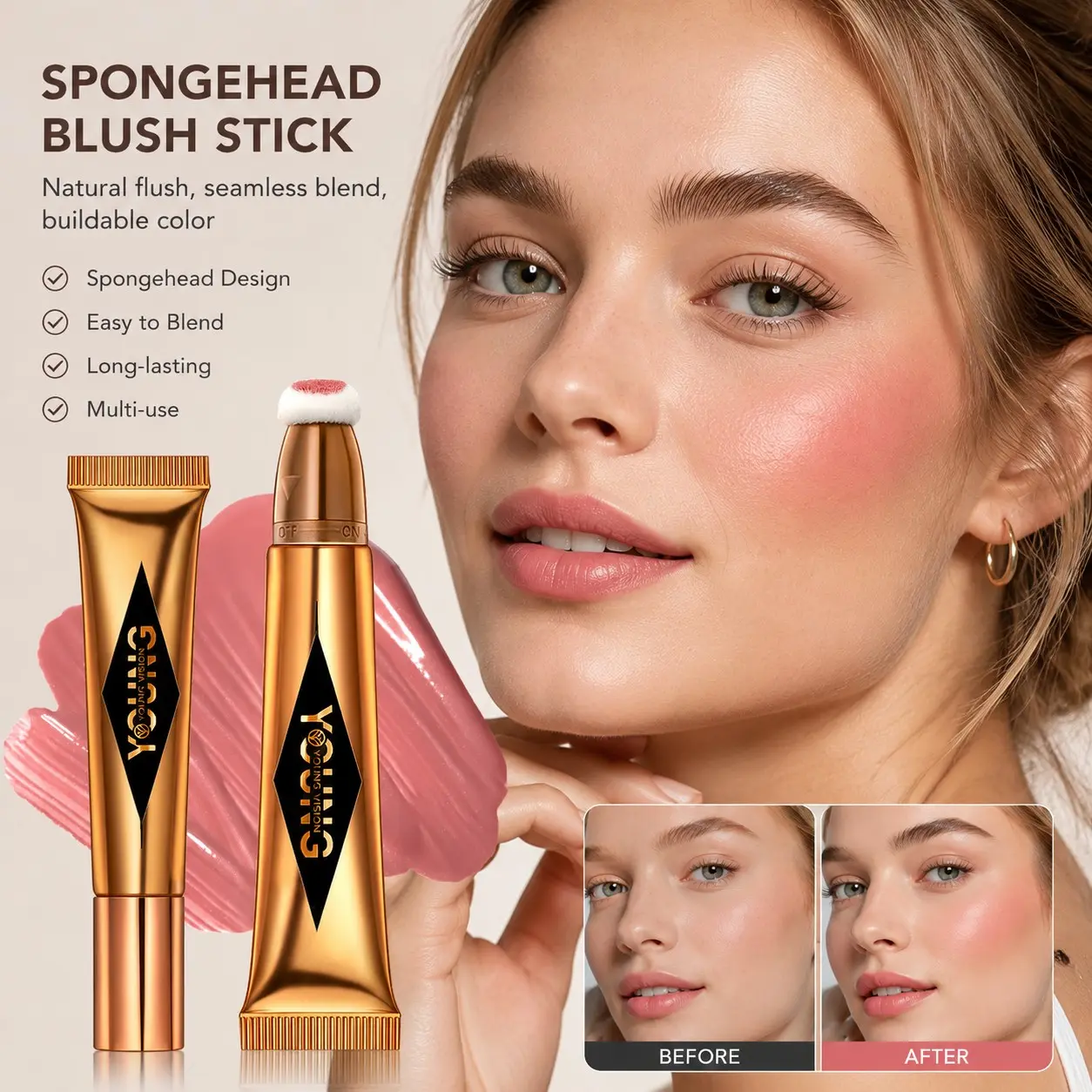 YOUNG VISION 2-pack cushion blush and highlighter sticks, hydrating and silky liquid blush, waterproof and long-lasting color, comes with a sponge tip, perfect for everyday makeup