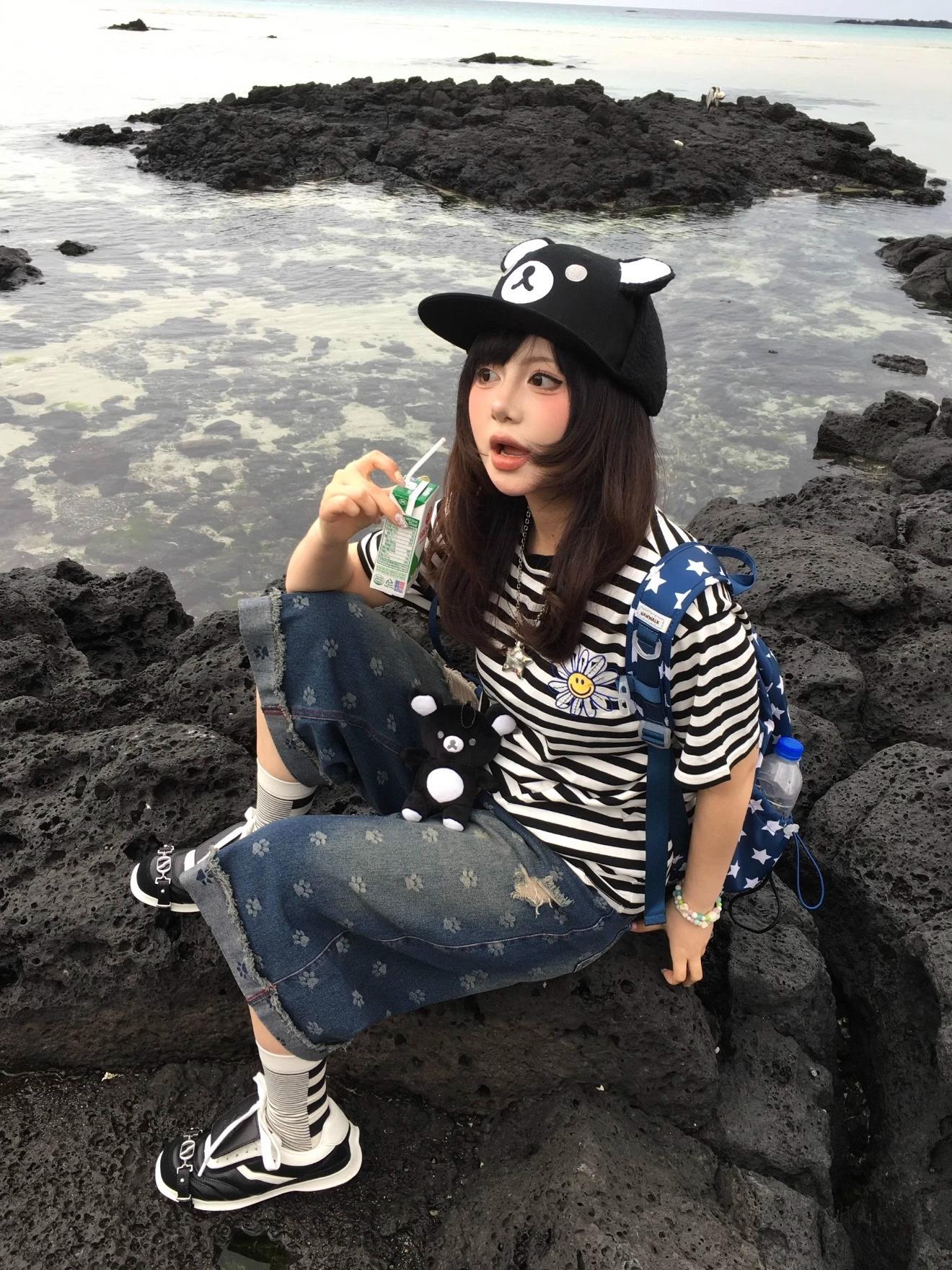 Cute Bear Ears Black Baseball Cap Adjustable Snapback Rilakkuma Inspired Y2k Sweet Cool Gyaru Daily Outfit For Girls Women