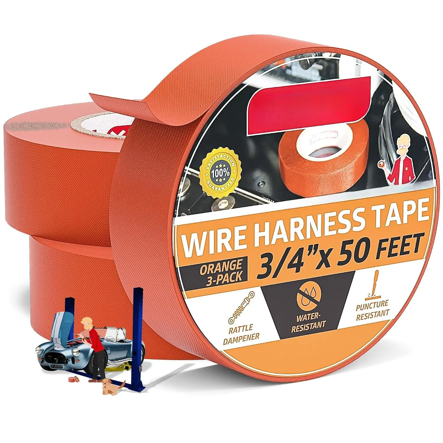 Wire Harness Tape Orange 3-Pack 3/4 Inch x 50- -Free Heat Resistant Automotive Wire Loom Tape Cloth Electrical Tape Automotive Fabric High Heat  Wrap Tape