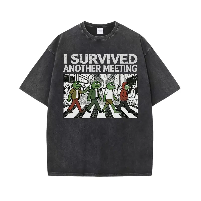 Men's Graphic T-Shirt, Retro Oversized Distressed Cotton Short Sleeve Top with Funny "I Survived Another Meeting" Frog Print, Tops, Shortsleeve, Menswear, All Seasons, Funny Quote, Crew Neck, Casual, Tshirt, Loose-Fit, Pure Cotton