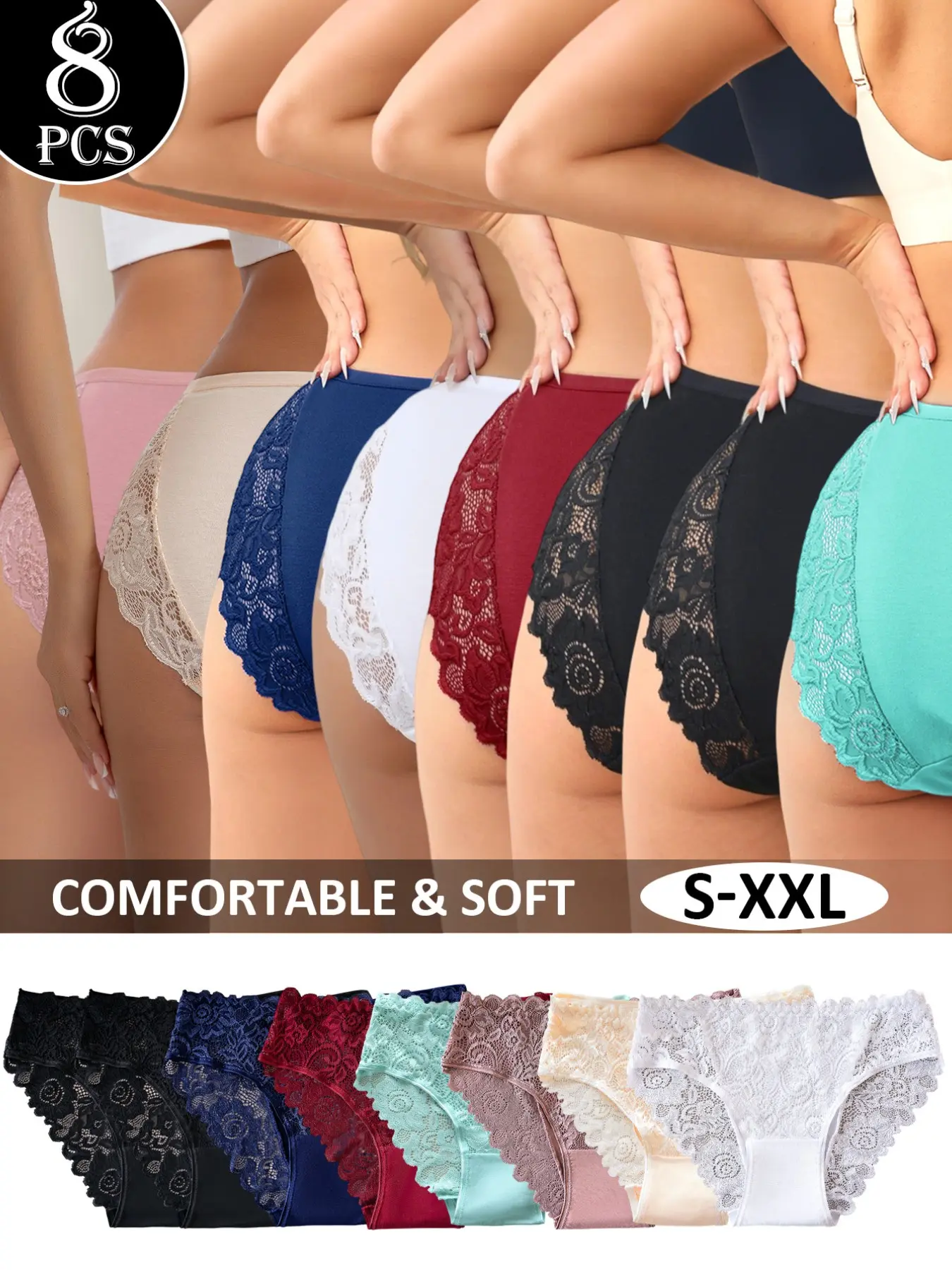 8 Pcs Hollow Out Women Hipster Briefs, Plain Surface, Fitted, Casual Style, Lightweight, Yoga & Commute Friendly, No Lining, China Made, Breathable