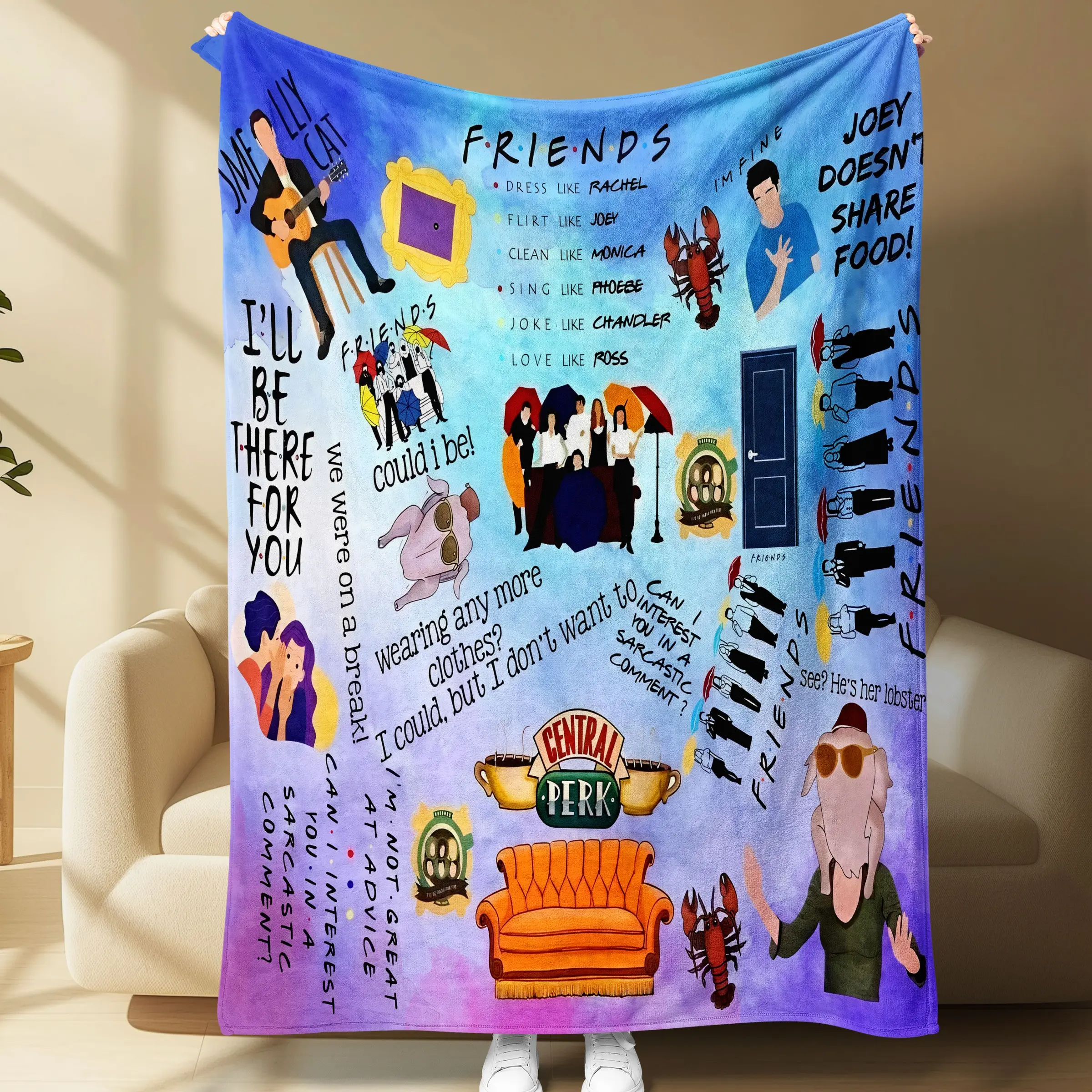 Friends Collage Flannel Blanket, Colorful Central Perk Print, Classic Quote Throw, Ideal for Couch, Camping, TV Show Lovers, Cozy Throw Blankets