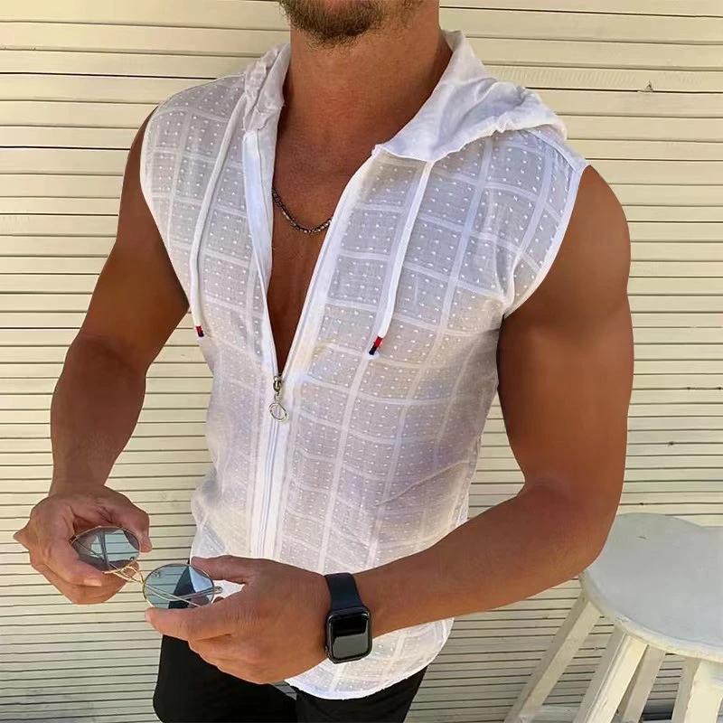 Kyn Apparel Short sleeved hooded zippered cardigan T-shirt for men's summer new fashionable plaid sleeveless t-shirt for men's lapel top