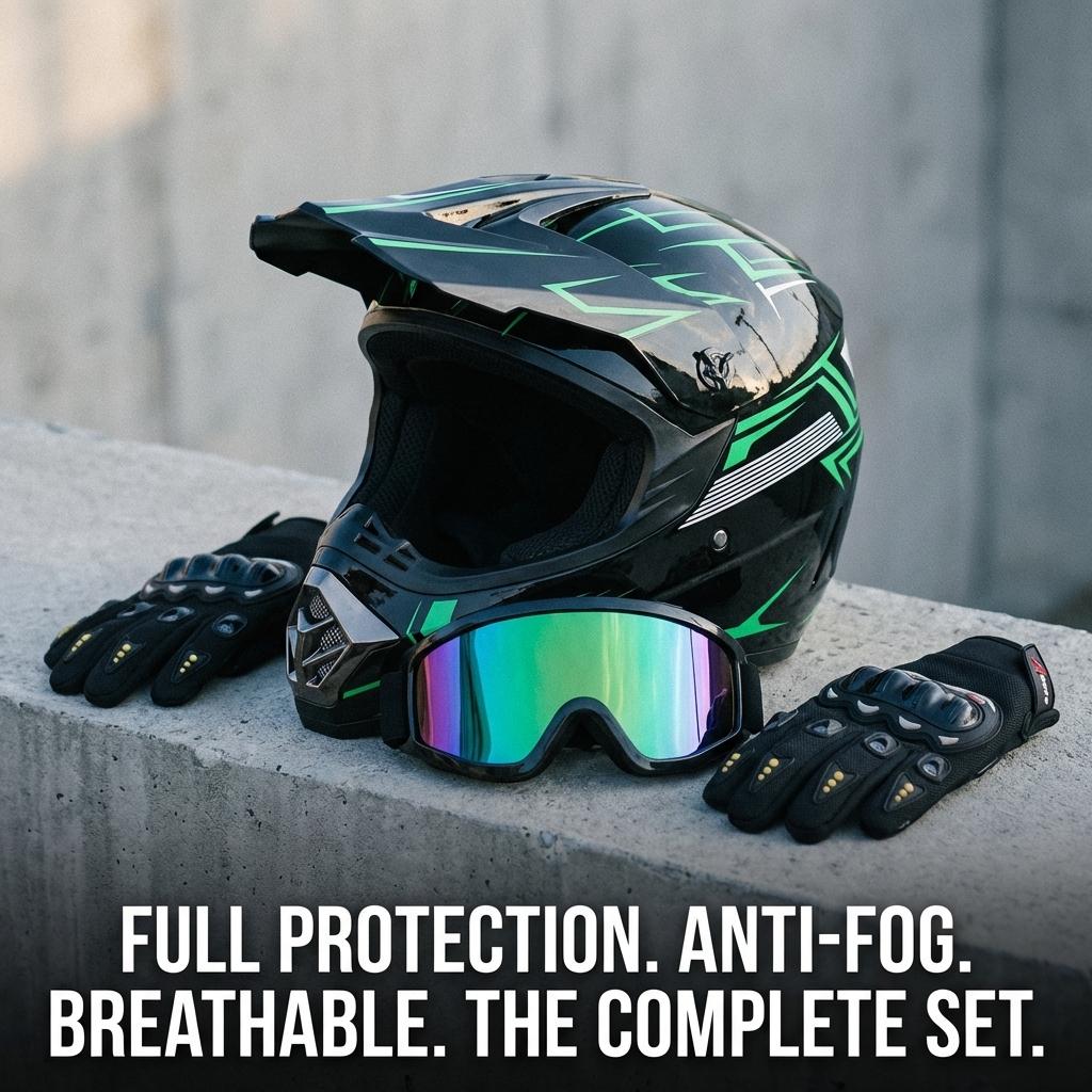 Tactical Motorcycle Helmet DOT Approved Adjustable Black Green with Goggles Gloves Windproof Breathable Safety Helmet for Adults E-Bike Motocross Off-Road Cycling Dirt Bike Outdoor Activities