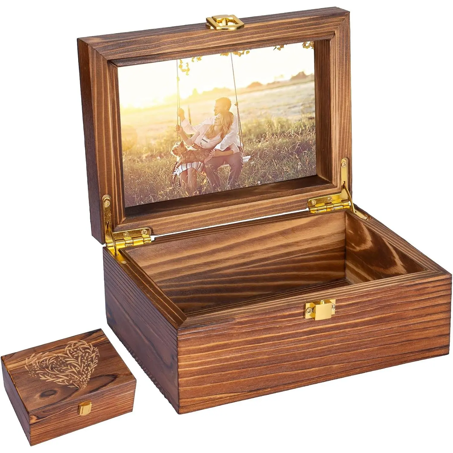 Small Wooden Memory  Boxes With Hinged  and a photo frame inside the lid - Decorative Storage Box With a Hinge  For Picture Letter Time Capsule - Wooden  Boxes,3.1“*5.1”*7.1“ Carbo