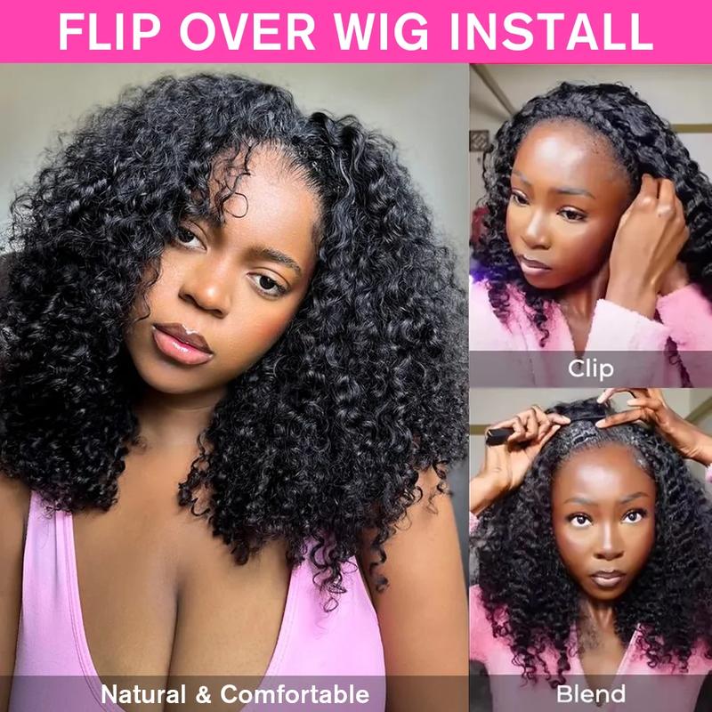 [Ready to Wear Half Wig] With Drawstring Human Natural Hair Deep Wave Invisible Hairline No Lace Glueless Install 3 IN 1 Seamless Flip Over Half Up and Down Wig Beginner Friendly Wigs Curly Hair for Women