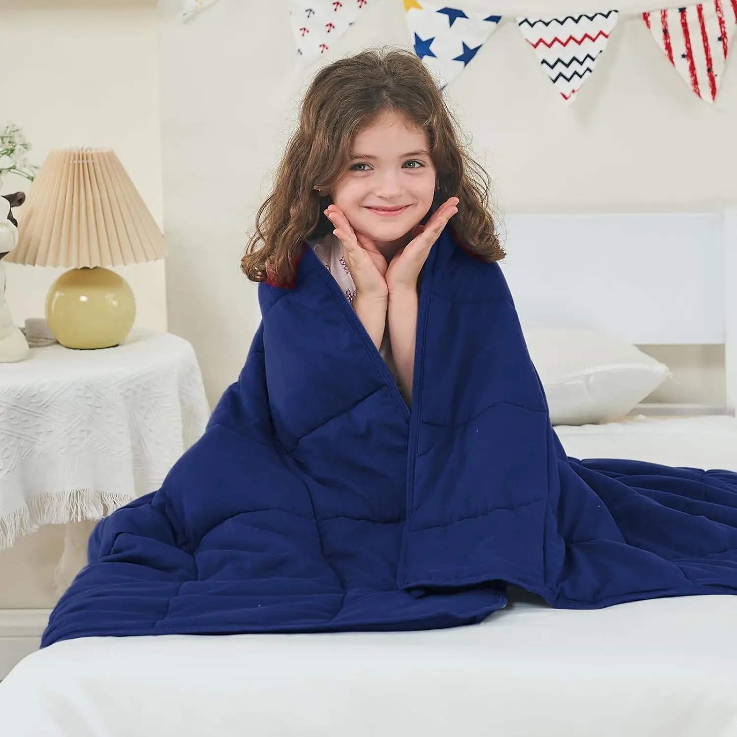 Weighted Throw Blanket 7lbs, 41" x 60", Blue |   Cooling Blanket , Perfect for 60-80 Lbs, Breathable Blanket With Bead, Machine Washable
