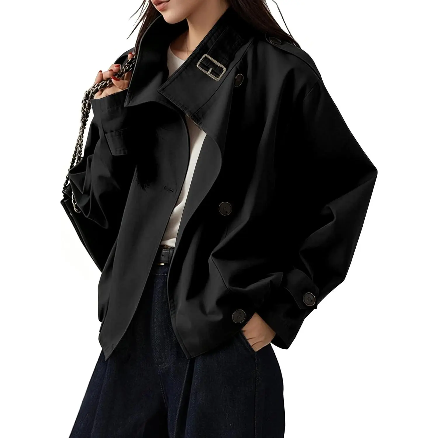 Women's Trendy Vintage Turtleneck Crop Trench Coat with Pockets(Gift)