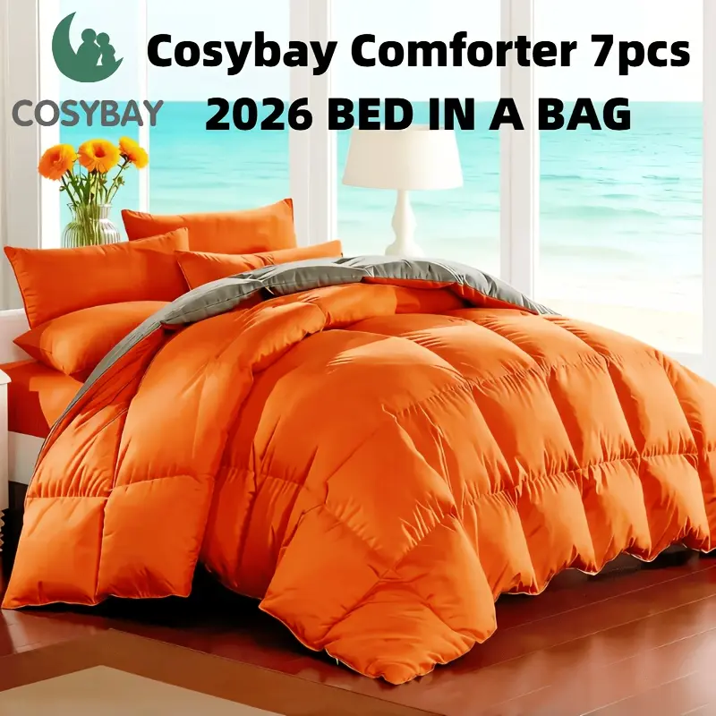 Father's Day Gift Cosybay 7PC Queen King Size Comforter Set, Luxury Soft Fluffy Pinch Pleated Bedding, Includes 1 Comforter, 1 Fitted Sheet, 1 Cooling Bed Sheet, 4 Pillowcases, Random Color, Perfect for Home & Dorm