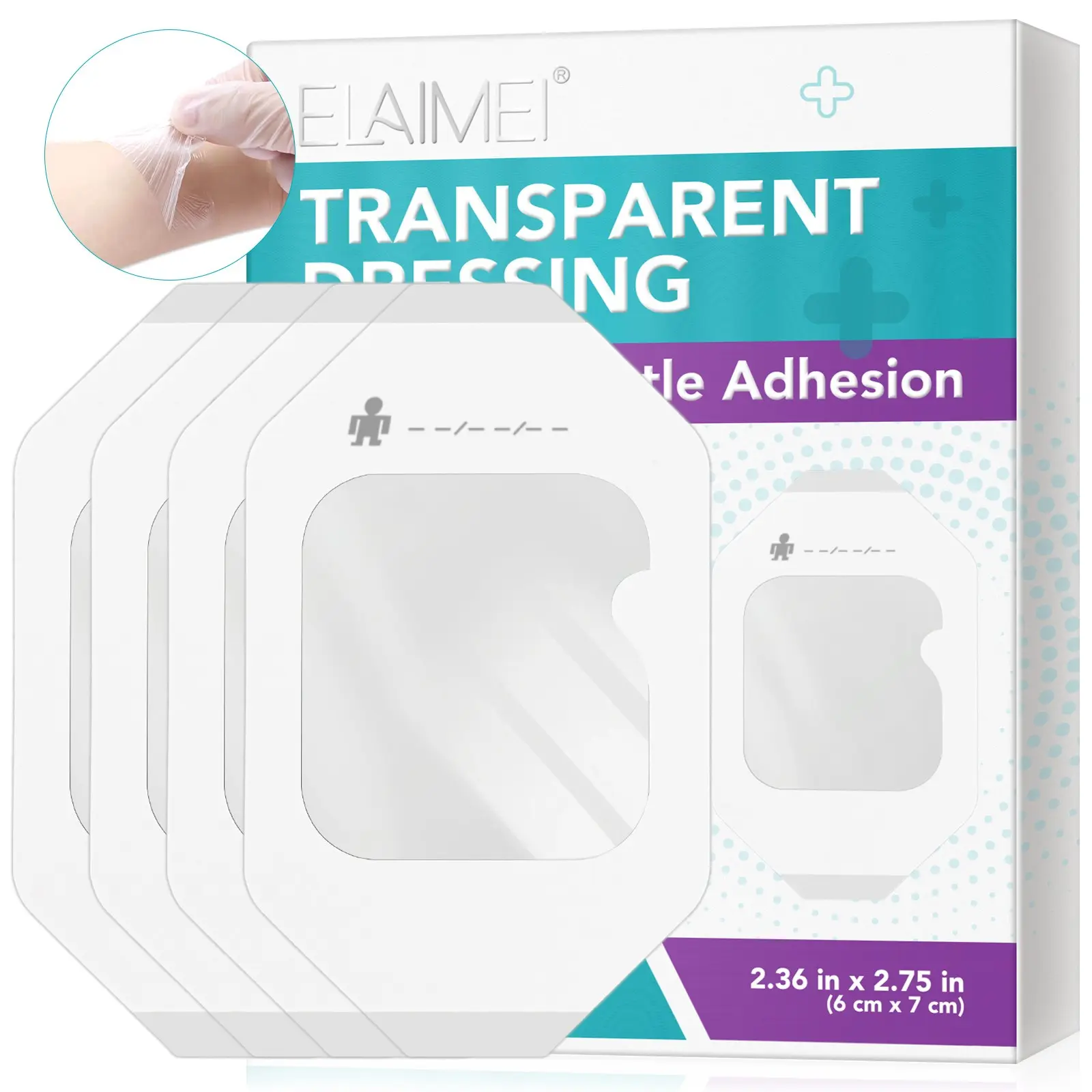 ELAIMEI Transparent Film Skin Patches, 50 pcs, extremely elastic, high adhesion, hypoallergenic material, conforms to the skin, protects the skin, waterproof and stain-resistant, multi-purpose, 6 cm x 7 cm (2.36 inches x 2.75 inches)