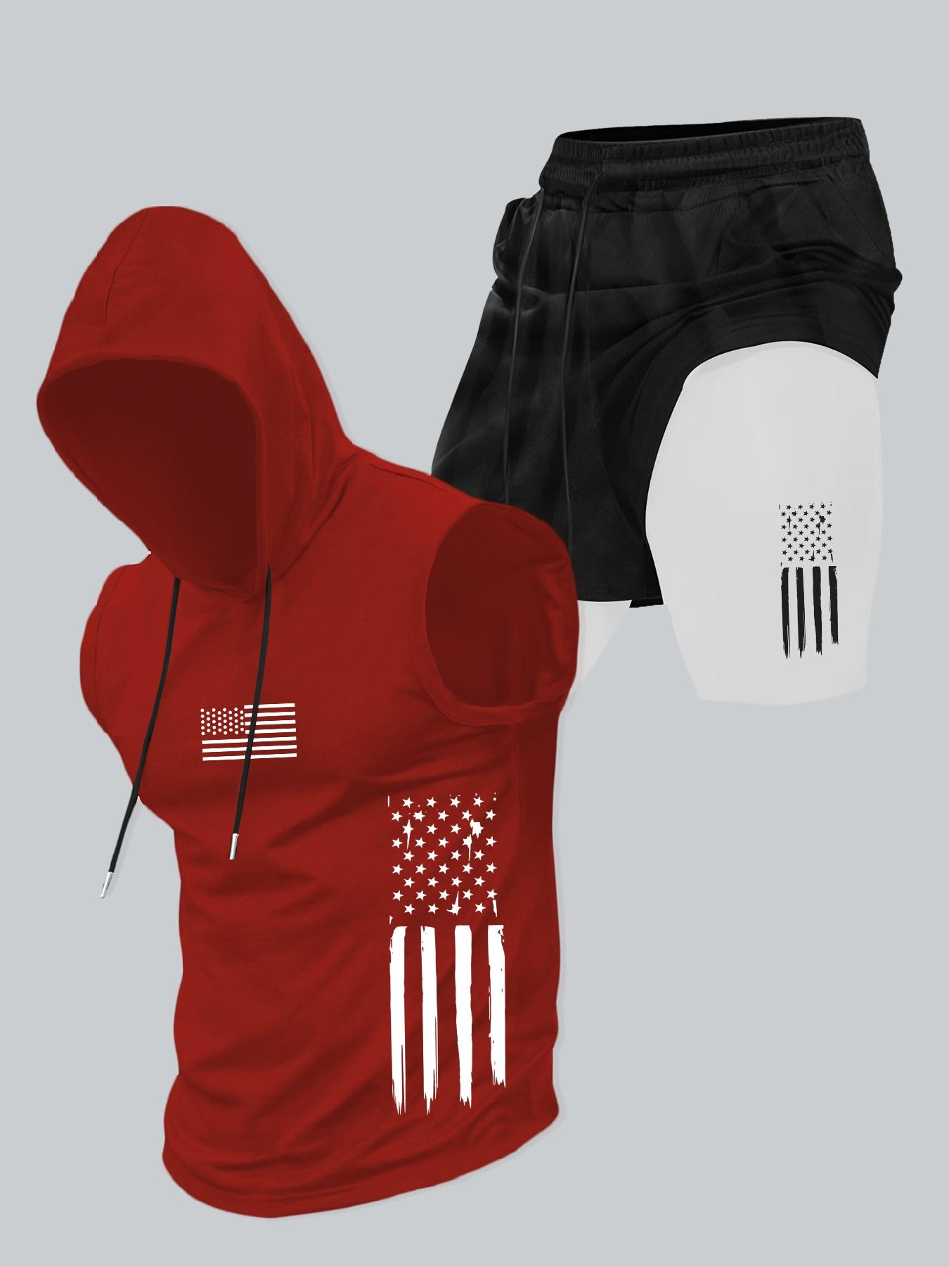 Two-Piece Set Men's American Flag Print Hooded Tank Top & Shorts Set, Regular Fit Casual Sleeveless Top & Shorts, Men's Summer Activewear Sportswear Set Menswear Athletic Clothes