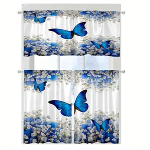 SoftHaven Home Made in USA Polyester Curtains, Blue Butterfly and Blue White Floral Print, Elegant Window Home Decor for Kitchen Interior
