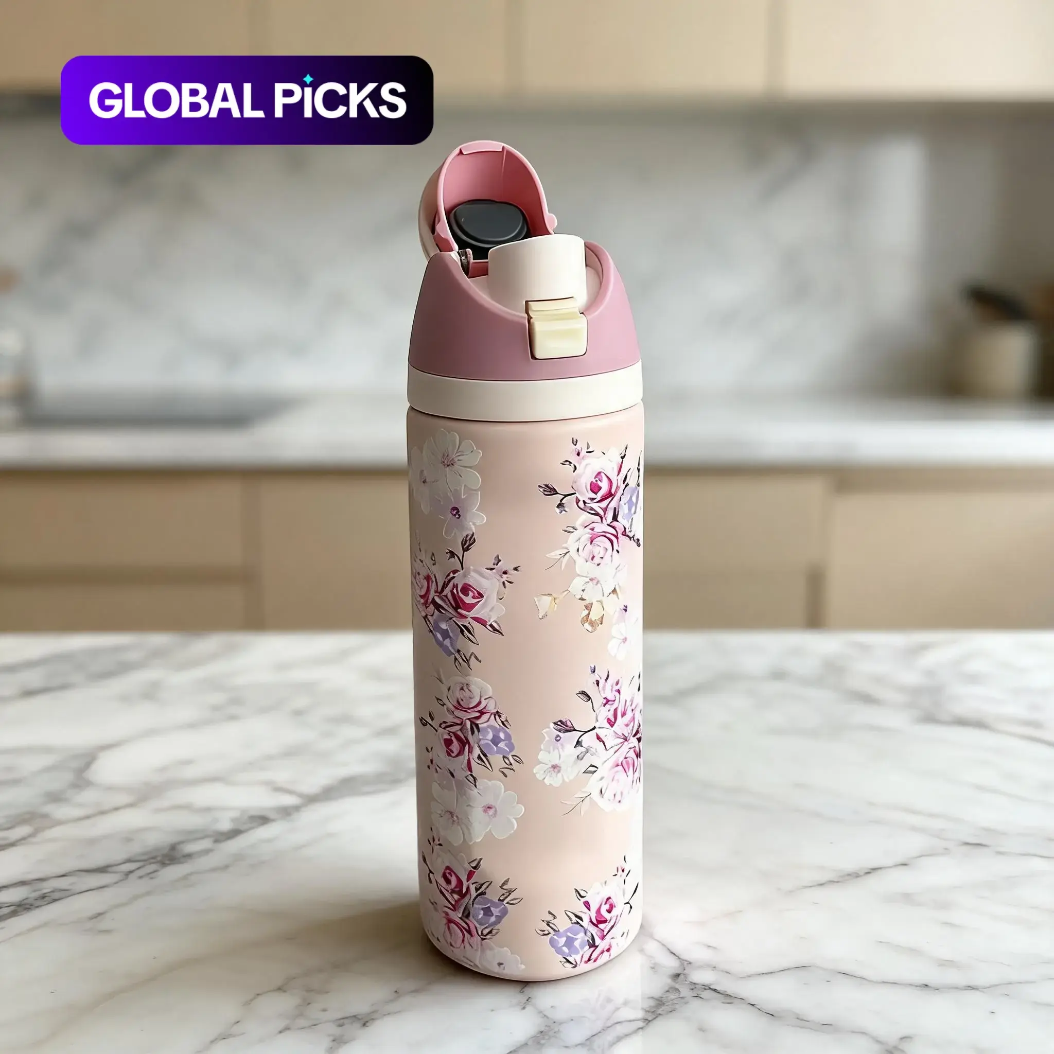 Floral Pattern Stainless Steel Vacuum Flask, 1-Piece Portable Insulated Coffee Tumbler Water Bottle with Straw and Lid, Insulated Water Bottles, Tumbler Cup for Home, School and Outdoor Camping Travel Drinkware #GLOBAL PICKS