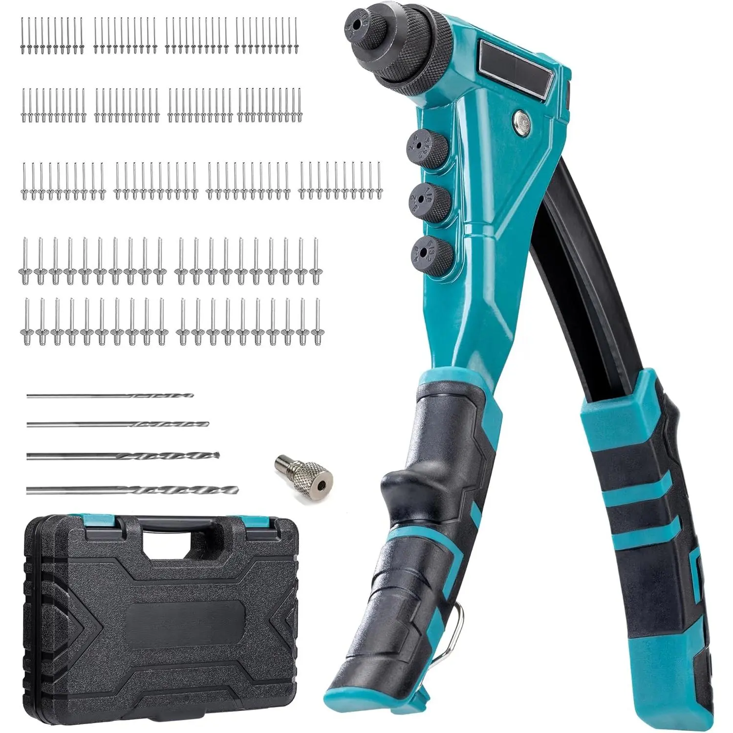 Heavy-Duty Rivet Gun, Pop Rivet Gun Set, Professional Hand Riveter, Manual Riveting Tool with 160 Aluminum Rivets, Includes 4 Drill Bits, 4 Tool-Free Interchangeable Nozzles, Storage Case
