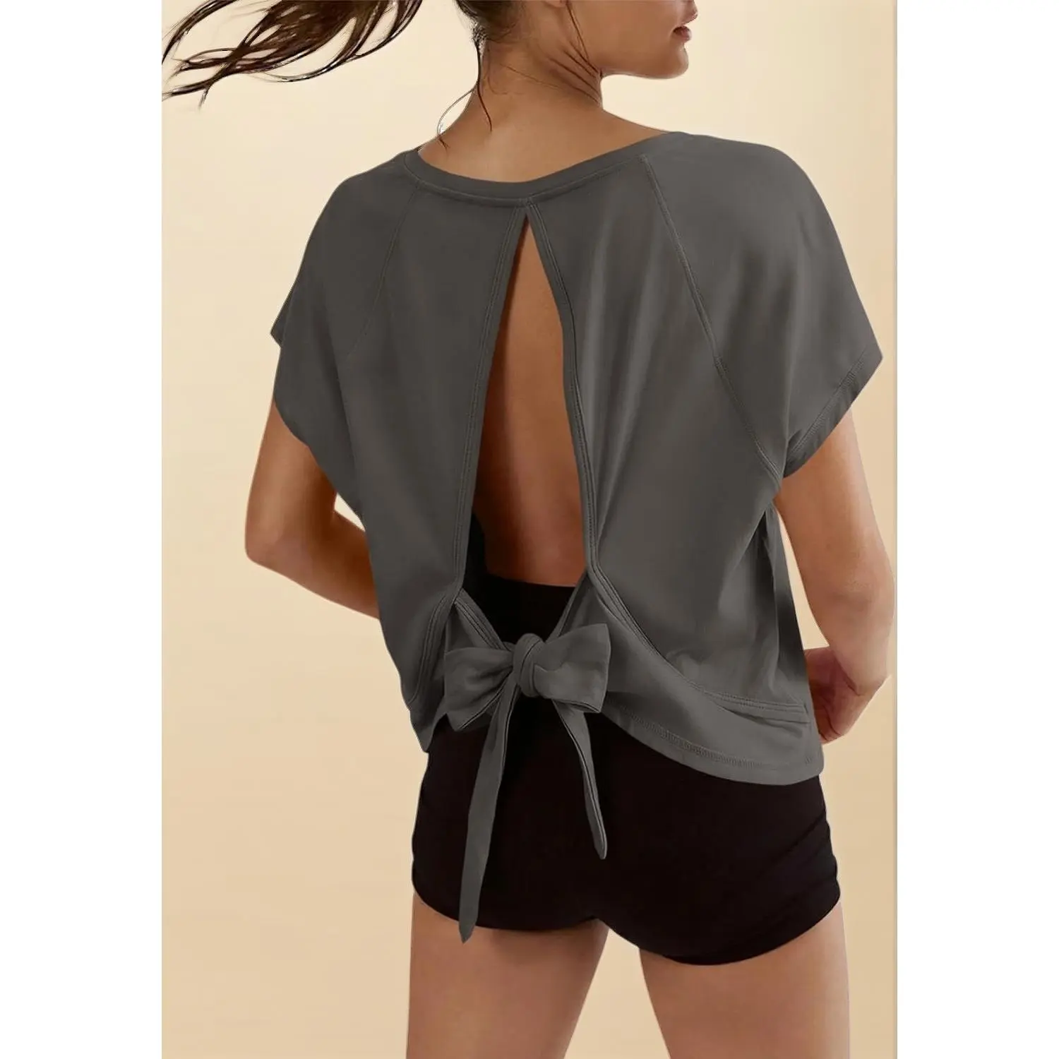 Open Back Tie Back Oversized Workout Crop Top Women V-Neck Short Sleeve Athletic Gym Yoga Running Tee