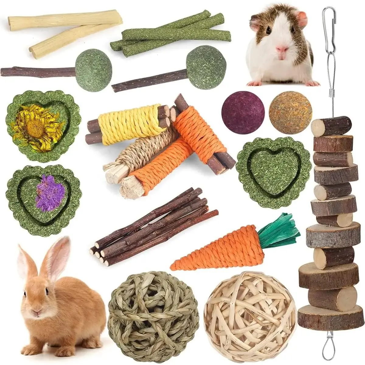 26Pcs Rabbit Chew Toys, Bunny Treats and Ball Timothy Hay Stick Toys for Rabbit Bunny Guinea Pig Chinchilla Hamster Teeth Care Natural Timothy Hay Rabbit Chews
