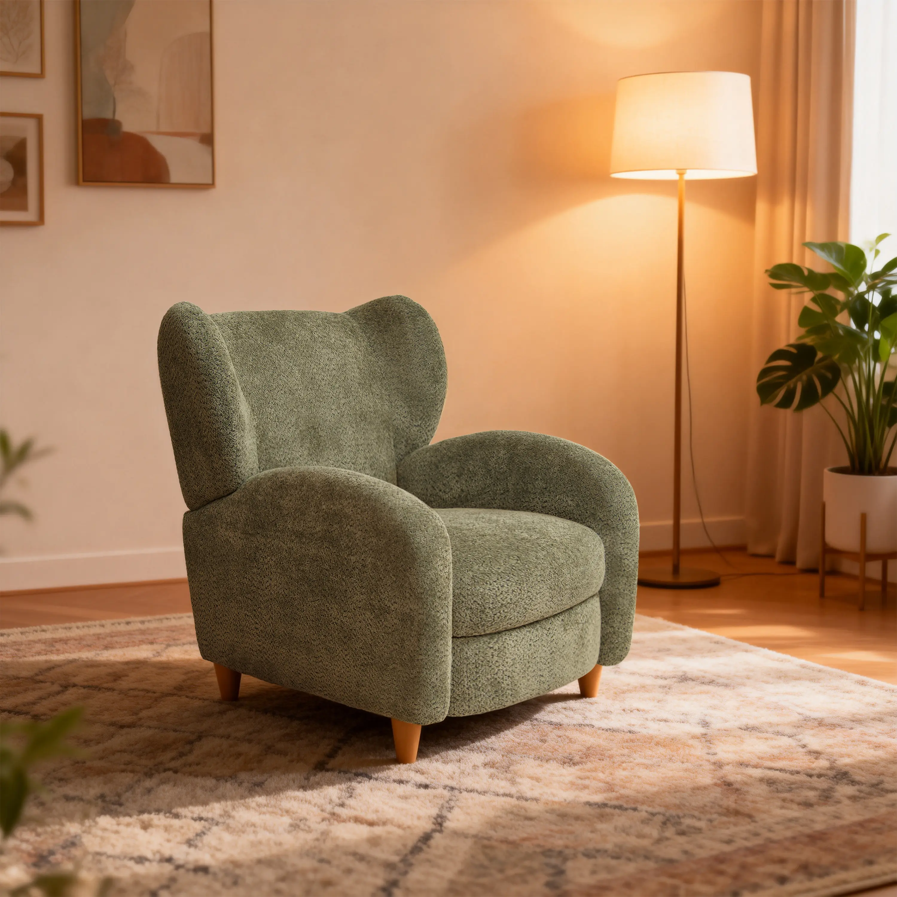 ARCH Nordic Curved Backrest Armchair, Chenille Fabric Upholstered Accent Chair, Multifunctional Decorative Sofa Chair for Living Room, Study, Leisure Room, Olive Green Single Seat, Living Room Furniture for Apartment, Lounge, Family Room