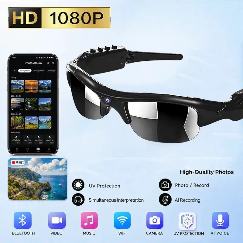 Multifunctional Bluetooth Smart Glasses - Wearable 1080P HD Camera, Hands-Free Capture, Wireless Audio, POV Vlogging Equipment, Outdoor Cycling Gear, Sunglasses with Camera, AI Camera Glasses