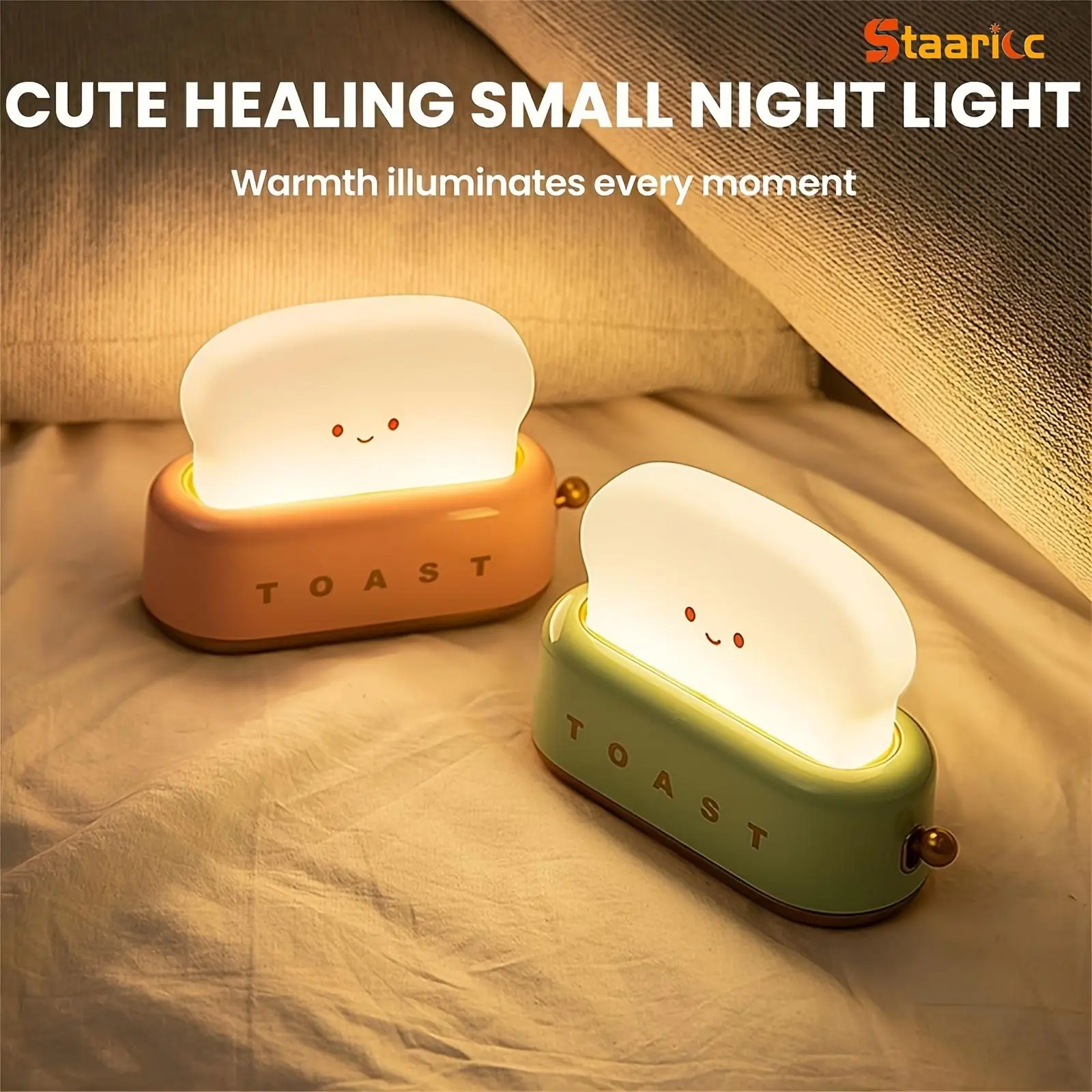 Staaricc USB-Rechargeable Cute Toaster-Shape LED Table Lamp - Indoor Use Home Supply with Warmth, Birthday Gift for All Ages (Green/Orange/Pink), Plastic Body, One-Piece