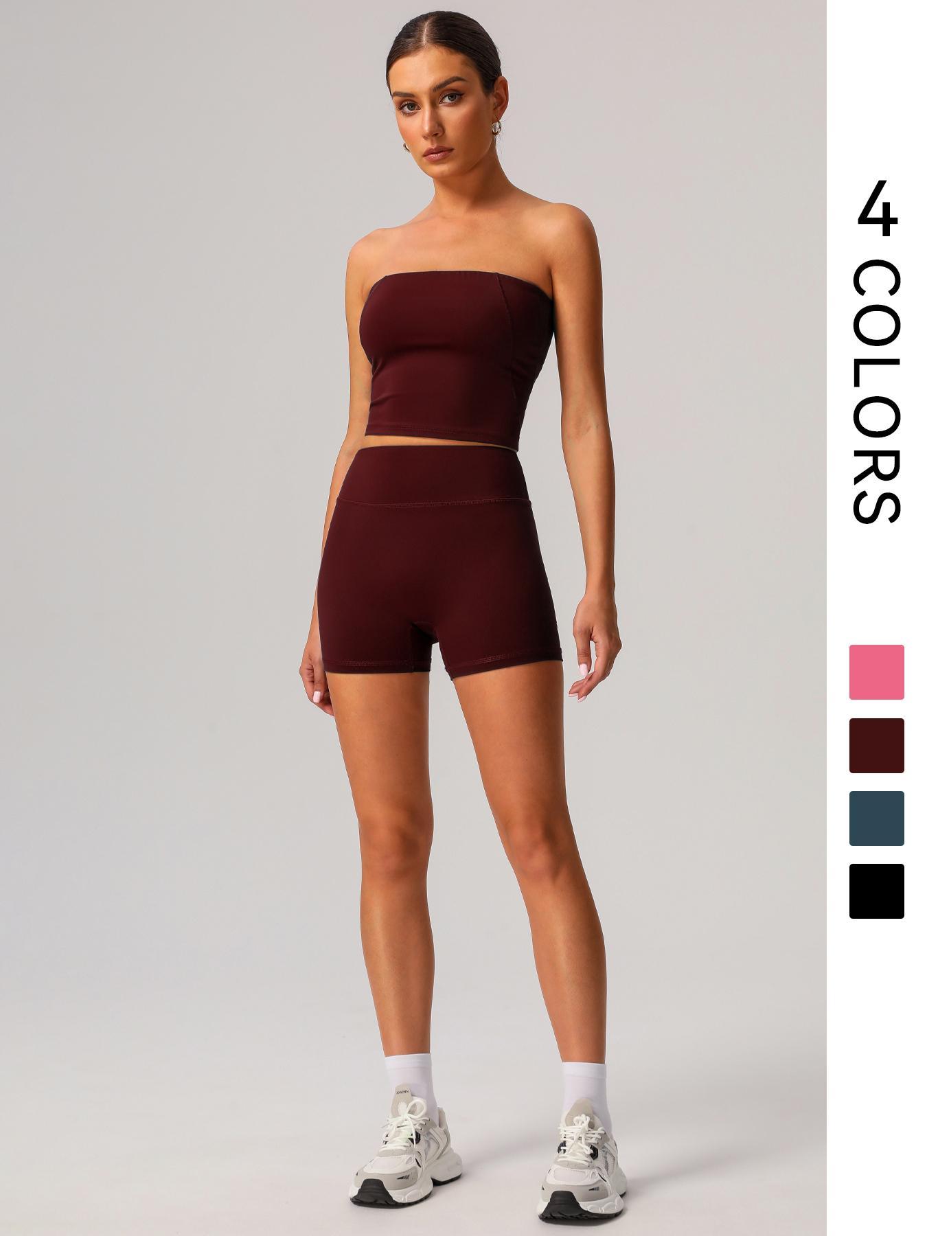 Women's Solid Crop Tube Top & High Waist Shorts Sports Set, Casual Comfy Breathable Two-piece Fitness Outfits for Yoga Gym Workout Running, Ladies Sportswear for Spring & Fall, Sporty Set