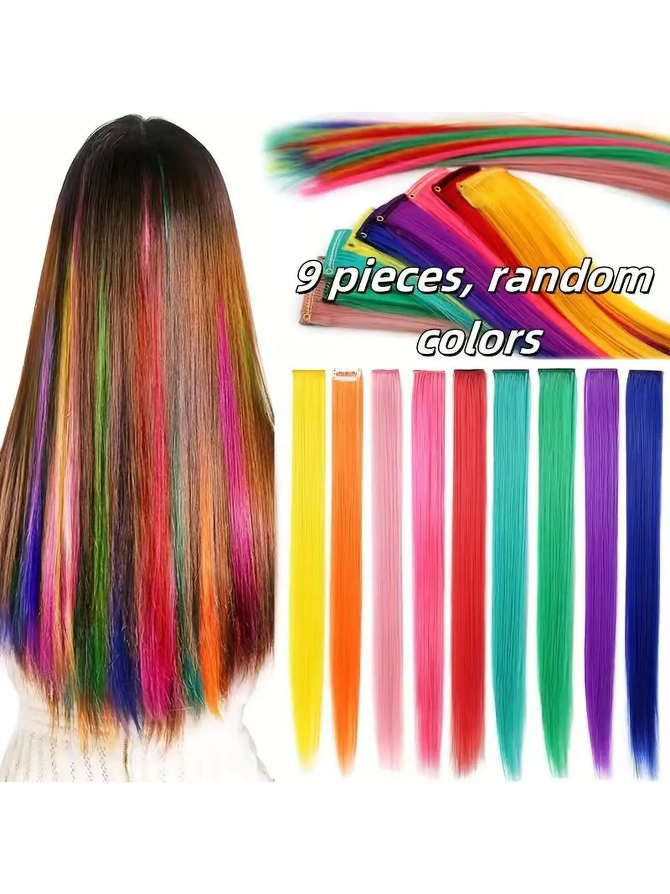 9 PCS Colored Hair Extensions Clip in Highlights - 20 Inch Straight Rainbow Hair Pieces, random Golors Party Festival Gift for Women