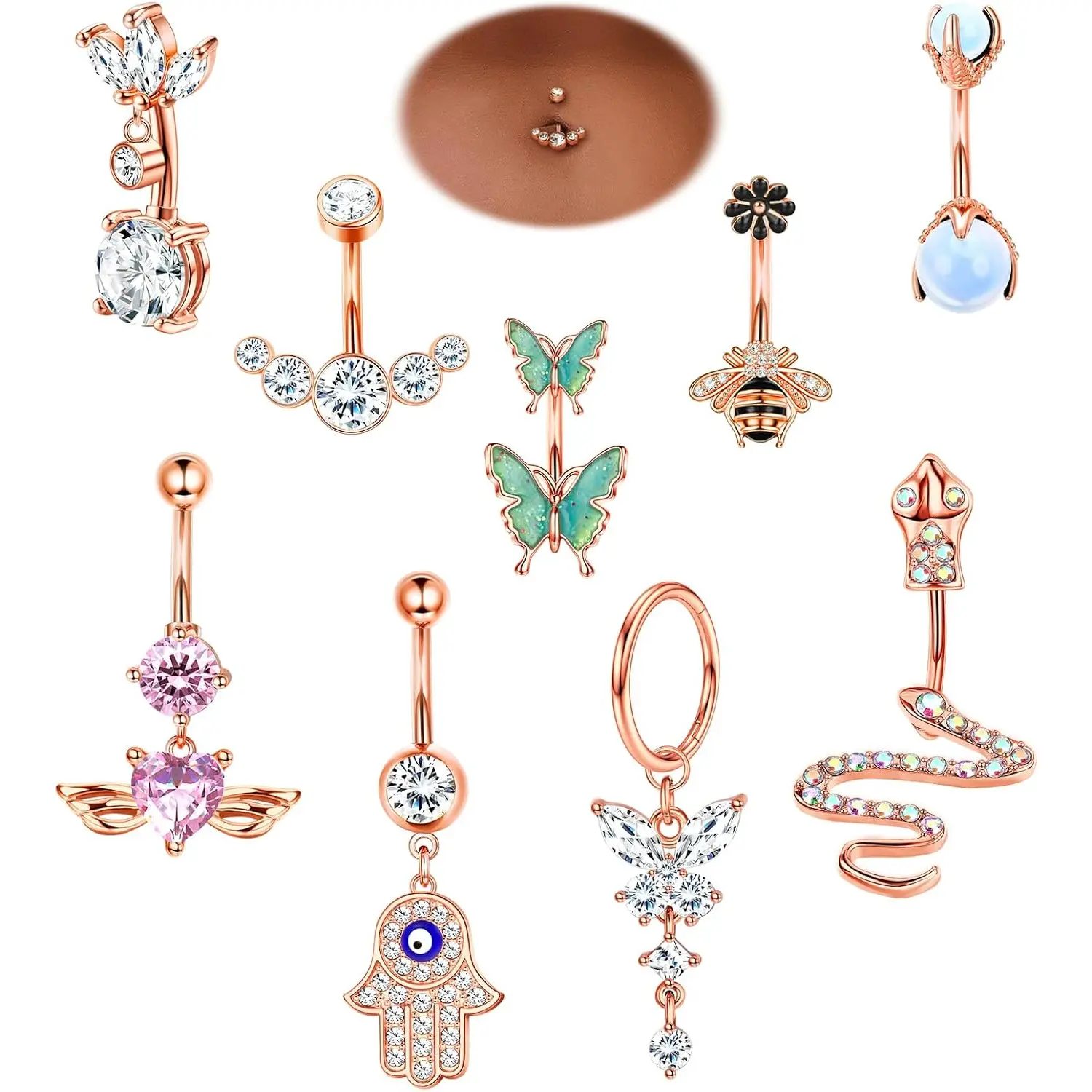 9Pcs 14G Belly Rings for Women, Surgical Stainless Steel Navel Piercings, Cute Belly Button Rings with Butterfly, Snake, Evil Eye & Heart, Rose Gold Navel Jewelry
