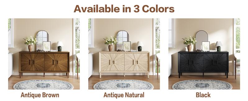 Sideboard Buffet Cabinet, 60" Large Accent Credenza Cabinet with Sunburst 4 Doors & Adjustable Shelf for Living Room, Rustic Brown Kitchen Buffet Table with Storage, TV Stand Media Console