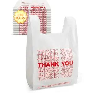 500 Count White Thank You Plastic Bags with Handles, 12" x 6" x 22", 15 Mic T Shirt Plastic Grocery Bags for Grocery Stores, Retail, Restaurants and Takeout