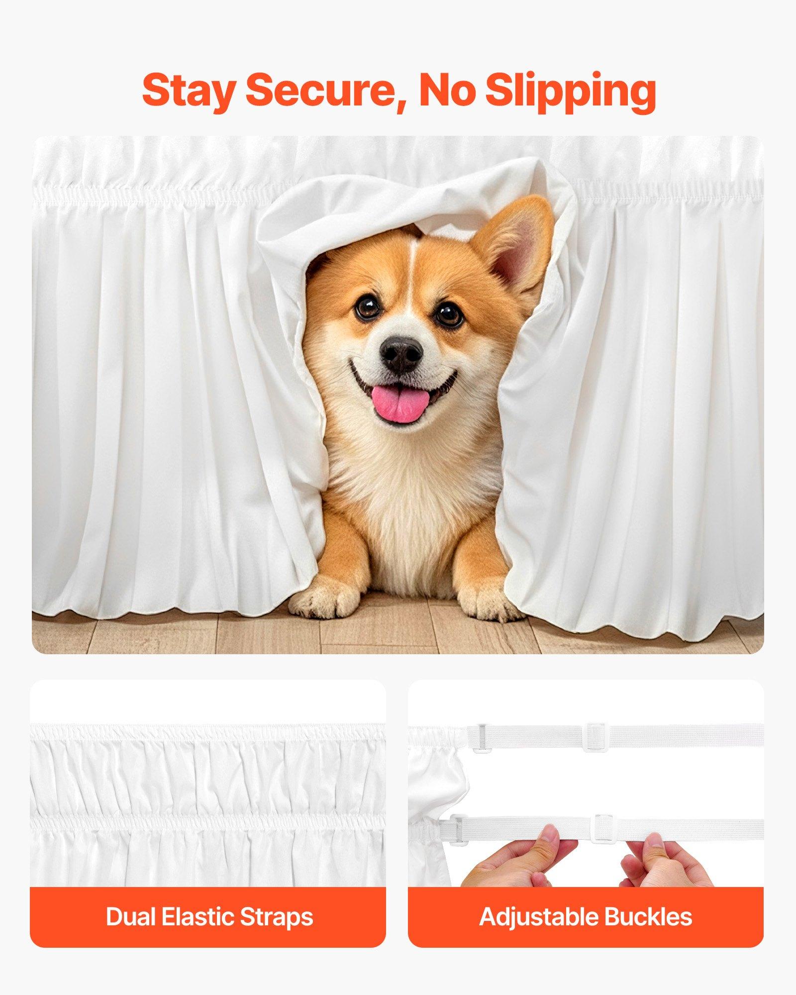 VEVOR Wrap Around Bed Skirt, 15 in Drop, White Dust Ruffle Queen Size, Three Sides Adjustable Bedskirt with Easy Fit Elastic Strap, Wrinkle-Free & Fade-Resistant, Machine Washable, for Queen Size Bed