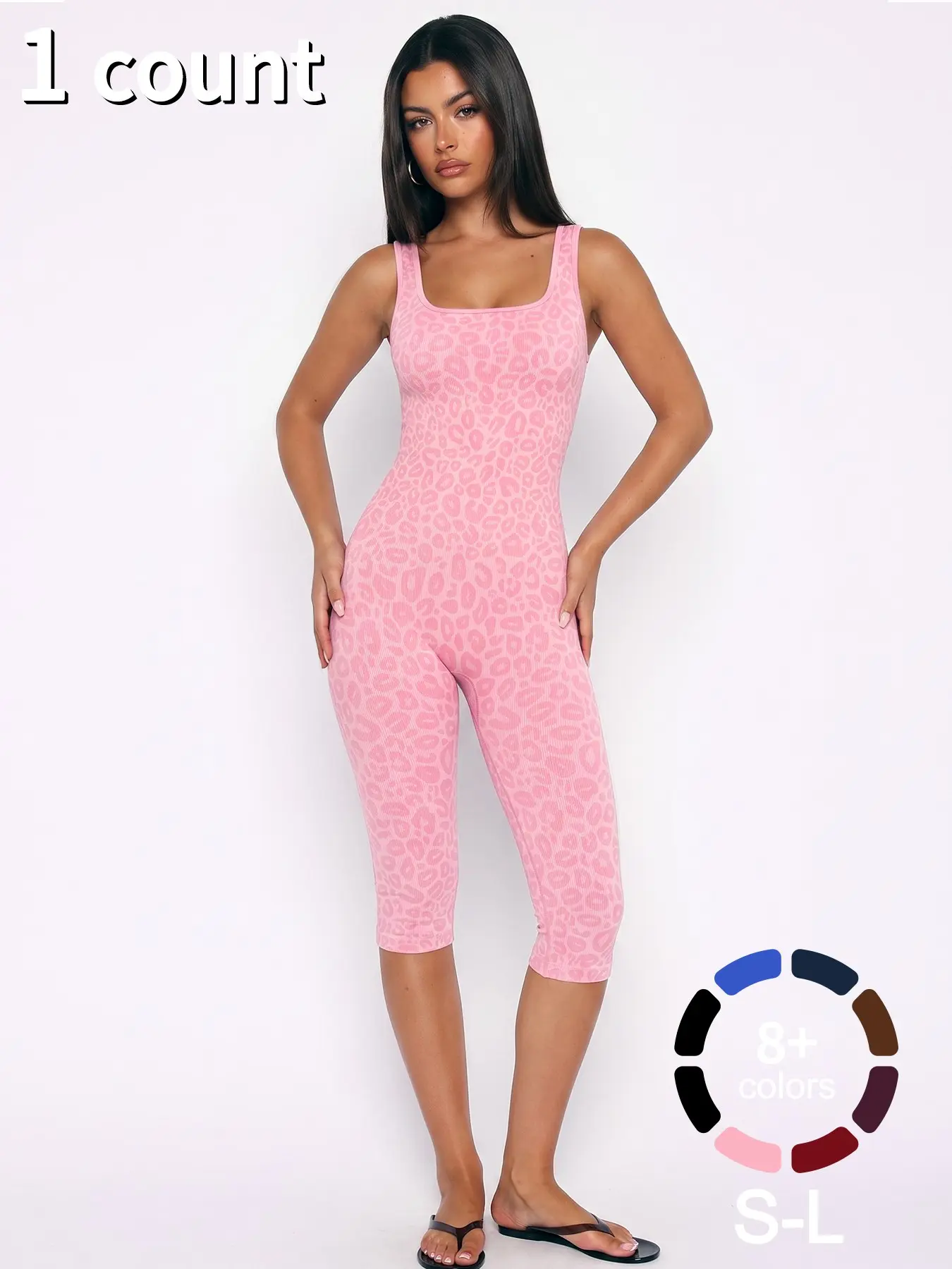 Women's Yoga Leopard Capri Jumpsuit Square Neck Backless Tummy Control Butt Lifting, Workout Shorts Romper Seamless Ribbed Sleeveless Unitard for Gym Workout Sports