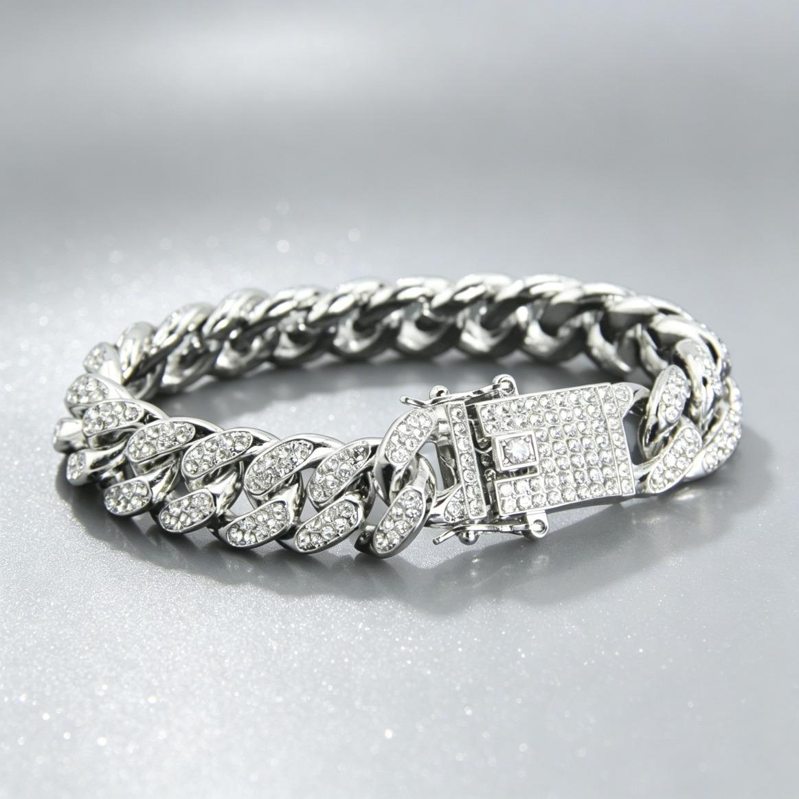 Hip Hop Shiny Moissanite Cuban Link Chain Bracelets for Women Men, Gold Color Punk Wristband Jewelry Gift, Trendy Luxury Style Popular