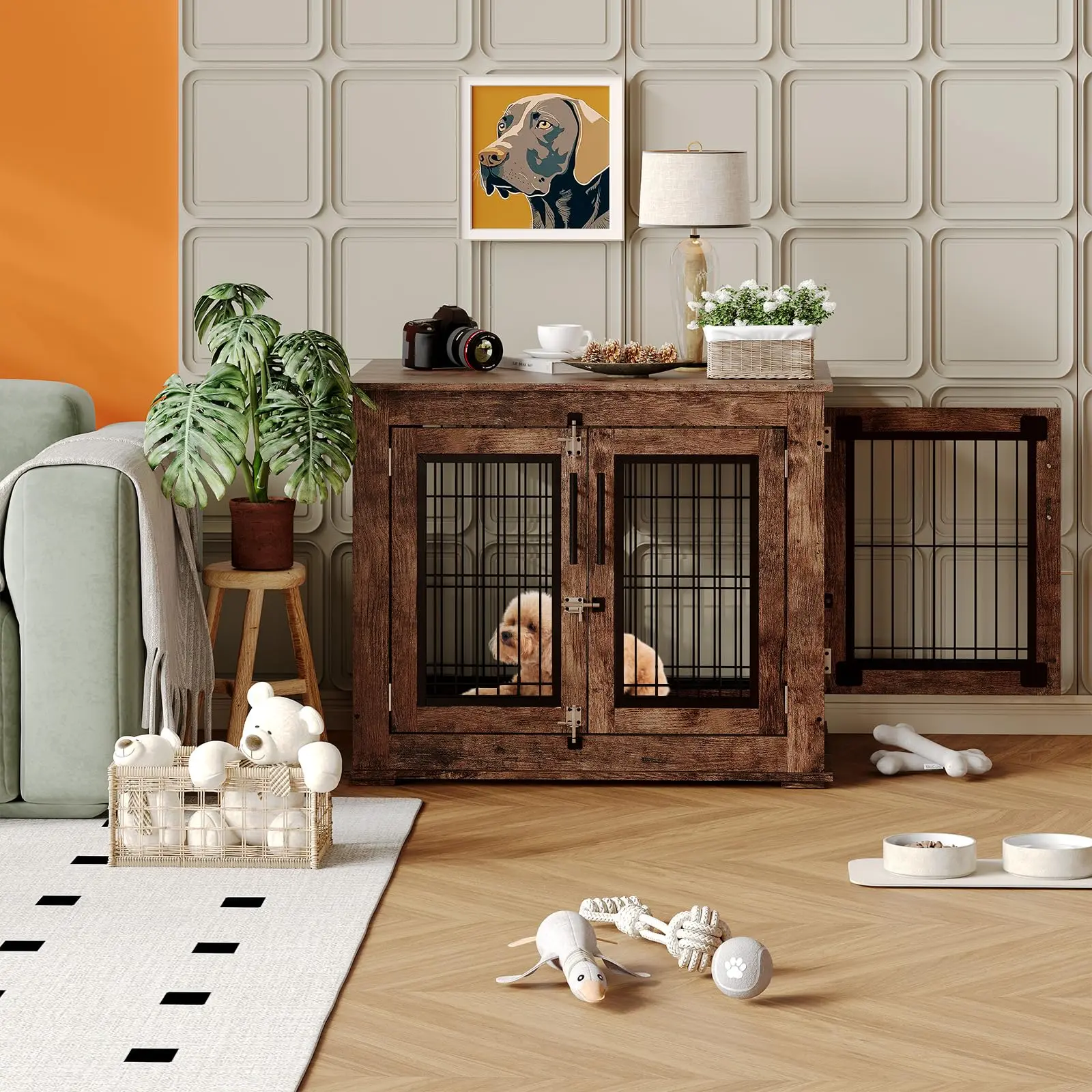 Farmhouse Wooden Dog House Crate Furniture with Double Doors – Heavy Duty Anti-Chew Indoor Kennel End Table – Rustic Brown, Stylish Decor – For Small/Medium Dogs