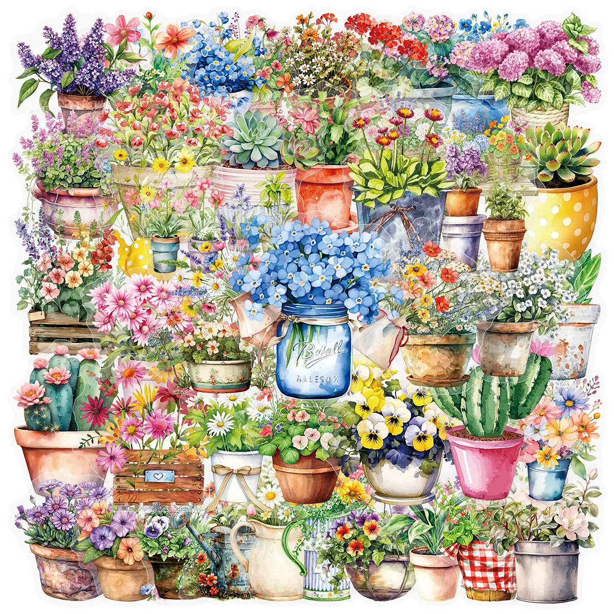 50Pcs Transparent PET Watercolor Potted Floral Stickers, Planner Accessories Office Products Back To School Supplies, Clear Waterproof Botanical Decals for Journal Water Bottle Laptop Cup