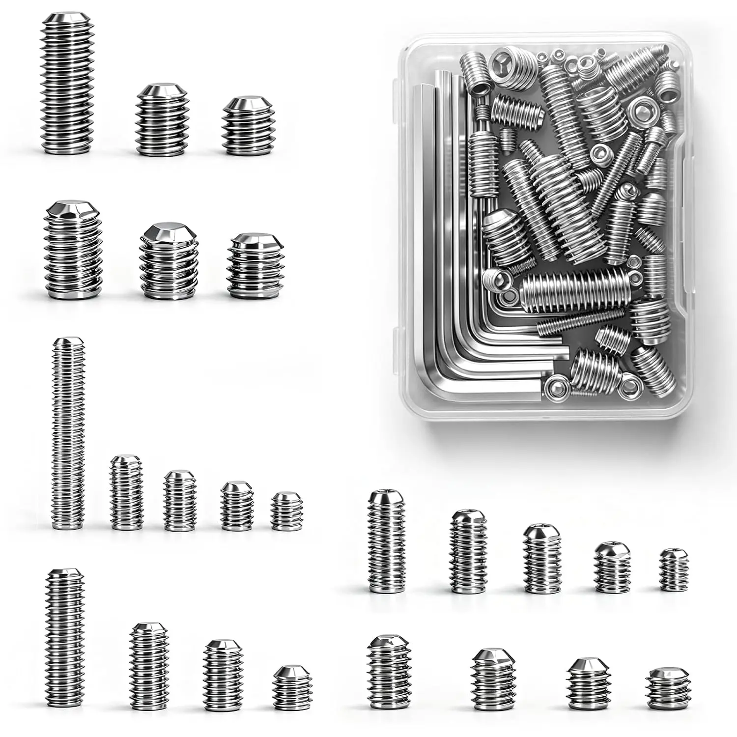 68 count Set Screws , 24 Sizes Metric M2-M8, 304 Stainless Steel Hex Socket Cup Point Grub Screws with Hex Wrenches for Door Knobs, Faucets, Bathroom Fixtures, Locks, DIY Repair