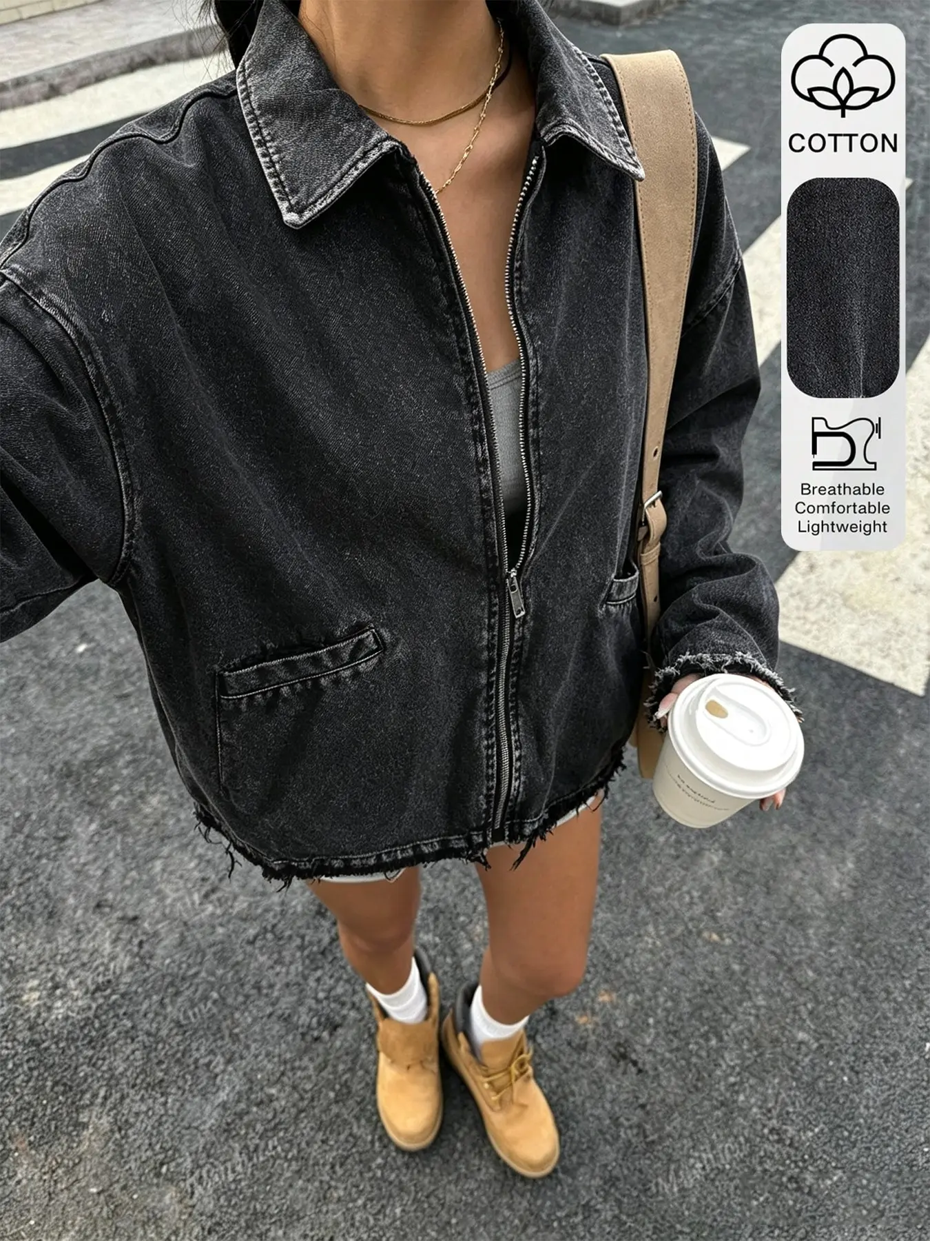 Women Vintage Black Washed Cropped Denim Jacket 100% Cotton Oversized Drop Shoulder Zip Up Jean Trucker Coat, TikTok Viral Y2K Grunge Streetwear Raw Frayed Hem Contrast Lapel Collar Denim Outerwear with Side Patch Pockets,Streetwear Aesthetic Jacket