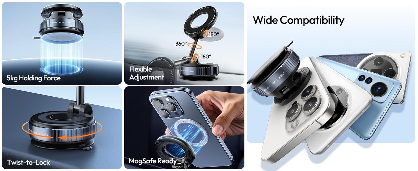 ULANZI SK-25 Car Phone Holder for Magsafe, Vacuum Suction Cup Magnetic Phone Mount, 360° Adjustable Phone MagMount for Car/Ceramic Tile/Gym/Mirror, Load up to 1kg, Magnetic Force ≥14N（Black）