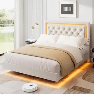Modern Floating Platform Bed Frame with Smart LED Lights, Upholstered Diamond Headboard, Sturdy Wood Slats, Noise-Free, Easy Assembly, No Box Spring Needed, Bedroom Furniture