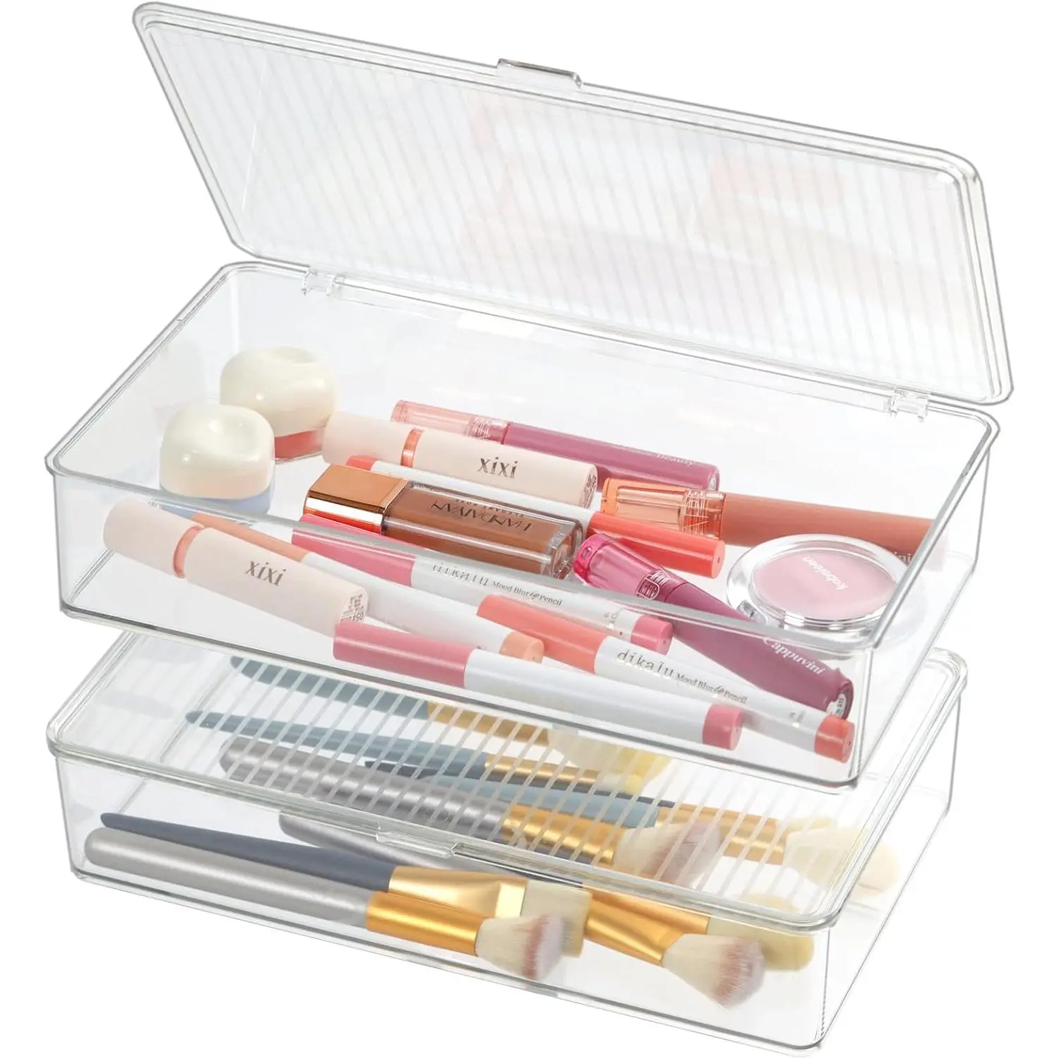 Pack of 2 Clear Storage Bins with , Small Storage Containers Boxes with , Dresser Organizer,  Bag Organizer, Freezer Bin, Plastic Drawer Organizers (10.6×6.1×2.3“)