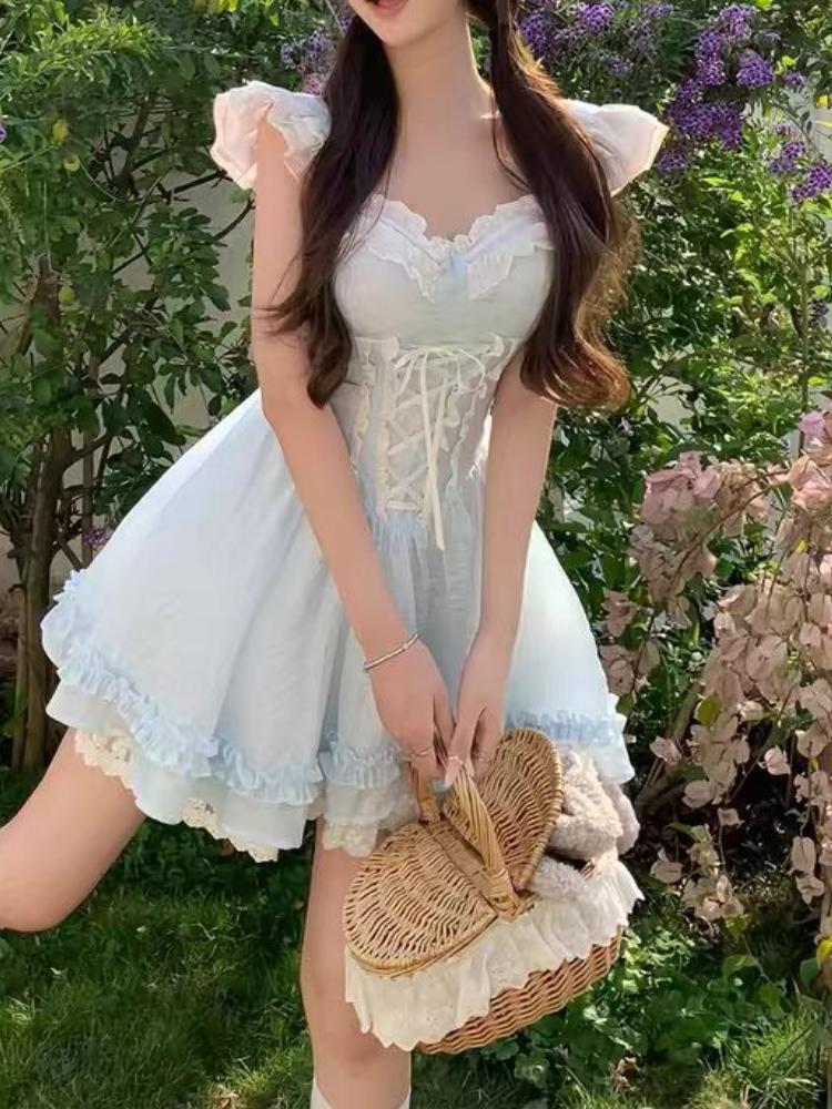 Summer Sweet Fairy Slim Blue Dress Fashion Design Lace Sling Thin Dresses Girl Elegant Chic Square Neck A-line New Outfits 2025