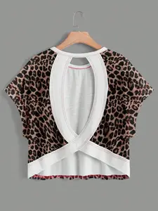 1 Leopard Print Back Cross Cutout Crop Top Women Summer | Batwing Sleeve Loose Casual T Shirt | Y2K Baddie Streetwear | Party Music Festival Outfit Trend