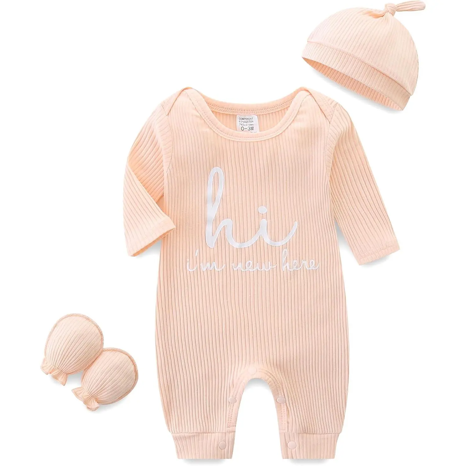 Babymine Unisex Crew Neck Long Sleeve Ribbed Bodysuit with Hat, Gloves & Button Closure - Newborn Infant Letter Print Jumpsuit for Baby Girls Clothing, Photography-Ready Outfit, Bodysuits, One Piece Bodysuit