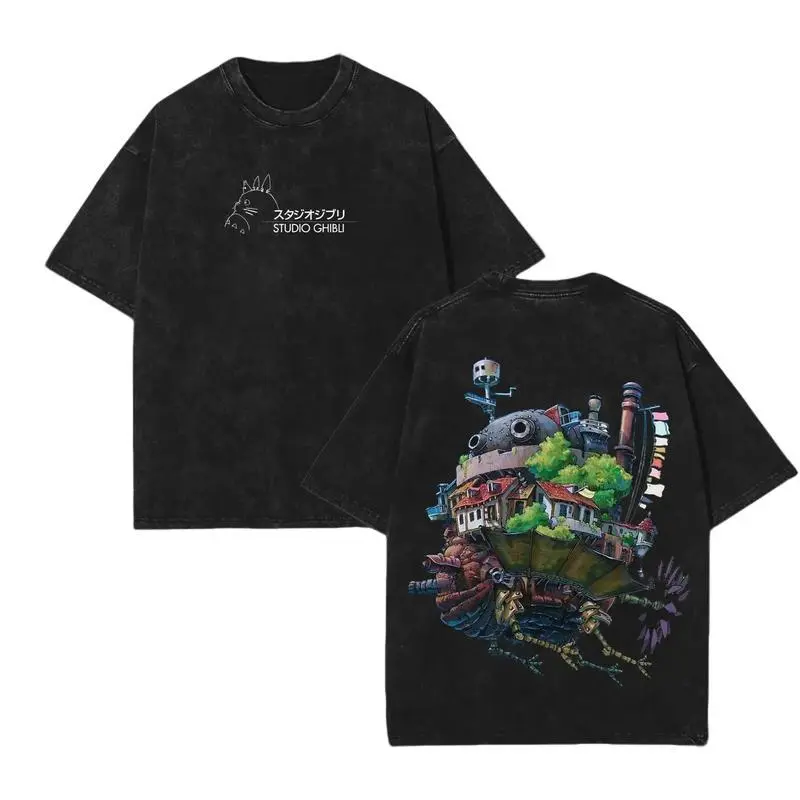 Studio Ghibli Totoro & Howl's Moving Castle Vintage Washed Graphic Tee Unisex Oversized Double-Sided Anime Shirt. Premium Cotton Manga Streetwear Top for Men Women Japanese Y2K Aesthetic Casual Apparel Cute Ghibli Merch Anime Fan Gifts Retro Styles!