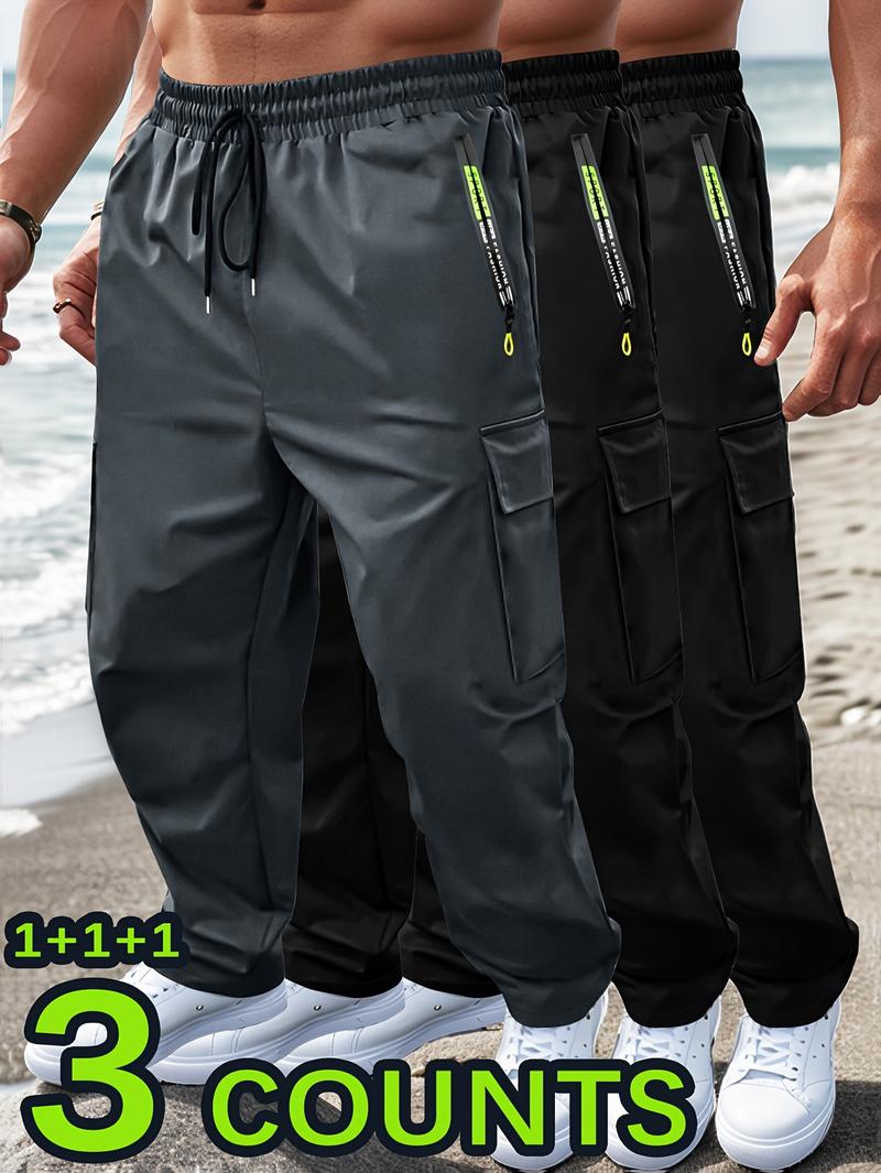 3pcs Men'S Casual Sports Cargo Pants - Drawstring Waist, Men's Sweatpants, Print Zip Pockets, Multiple Pockets, Lightweight for Spring & Summer, Ideal for Outdoor Running & Training, Casual Wear Pants | Cargo Style Pants | Lightweight Fabric