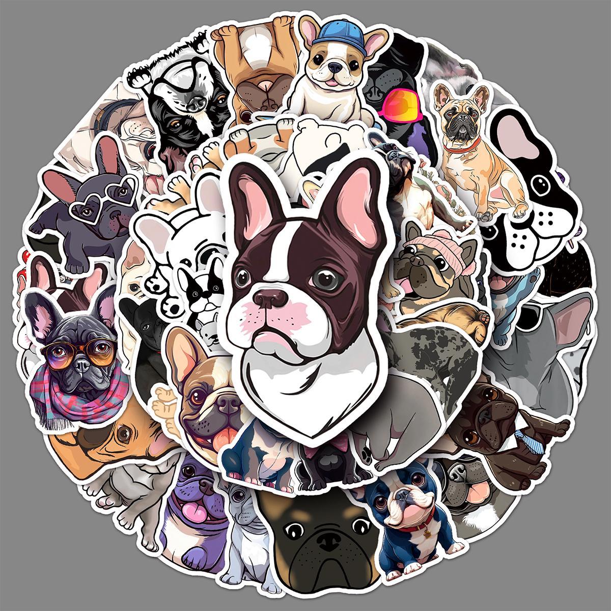Cartoon French Dog Pattern Sticker, 50pcs Waterproof Self Adhesive Decor Paper, Decor Sticker for Gift Greeting Card Water Bottle Laptop Phone, Funny Stickers