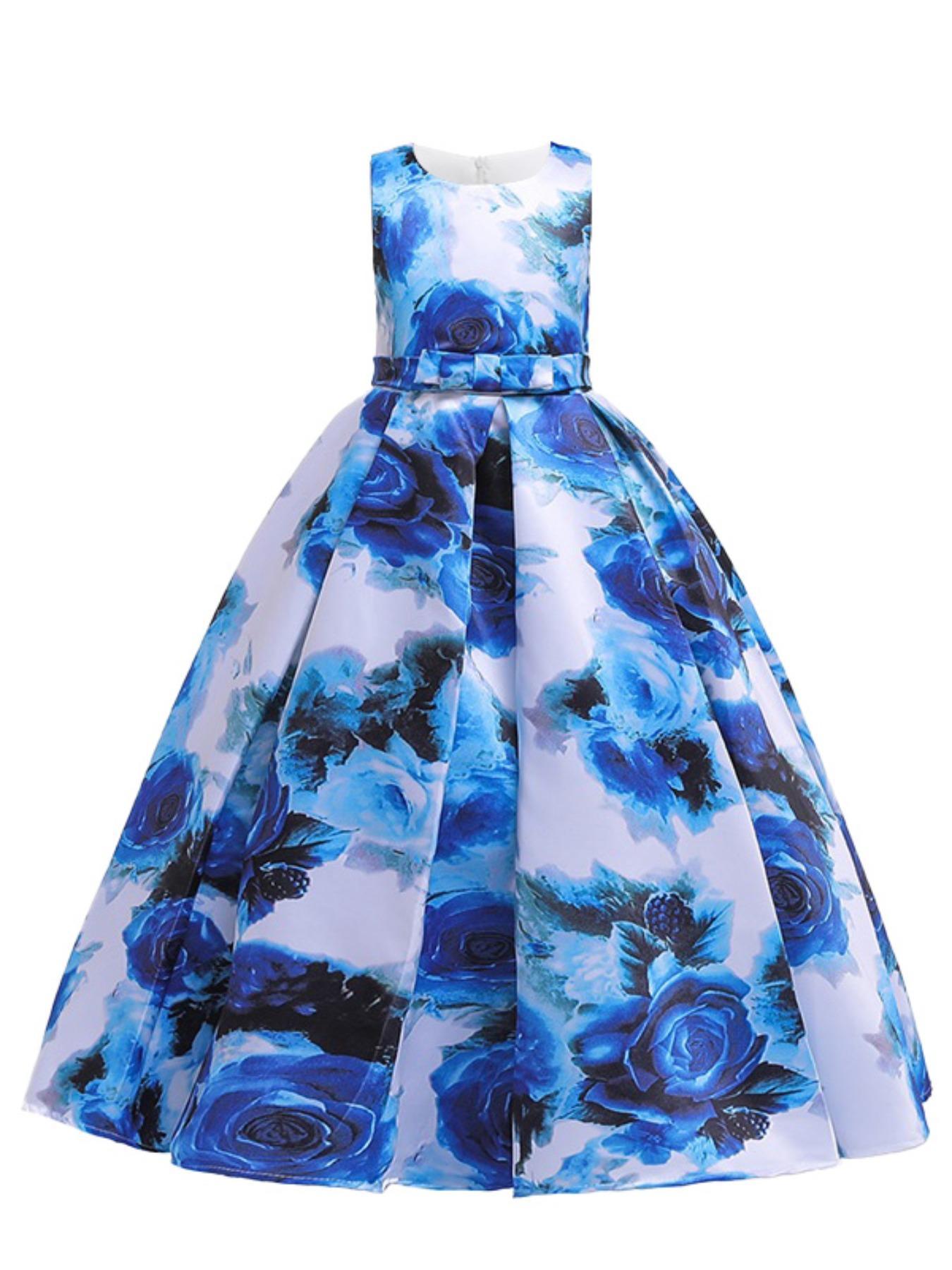 Girl's All Over Floral Print Bow Back Plicated Tank Dress, Elegant Sleeveless Round Neck Maxi Dress for Party Performance Wedding Guest, Floral Printed Dress, Kids Clothes for All Seasons