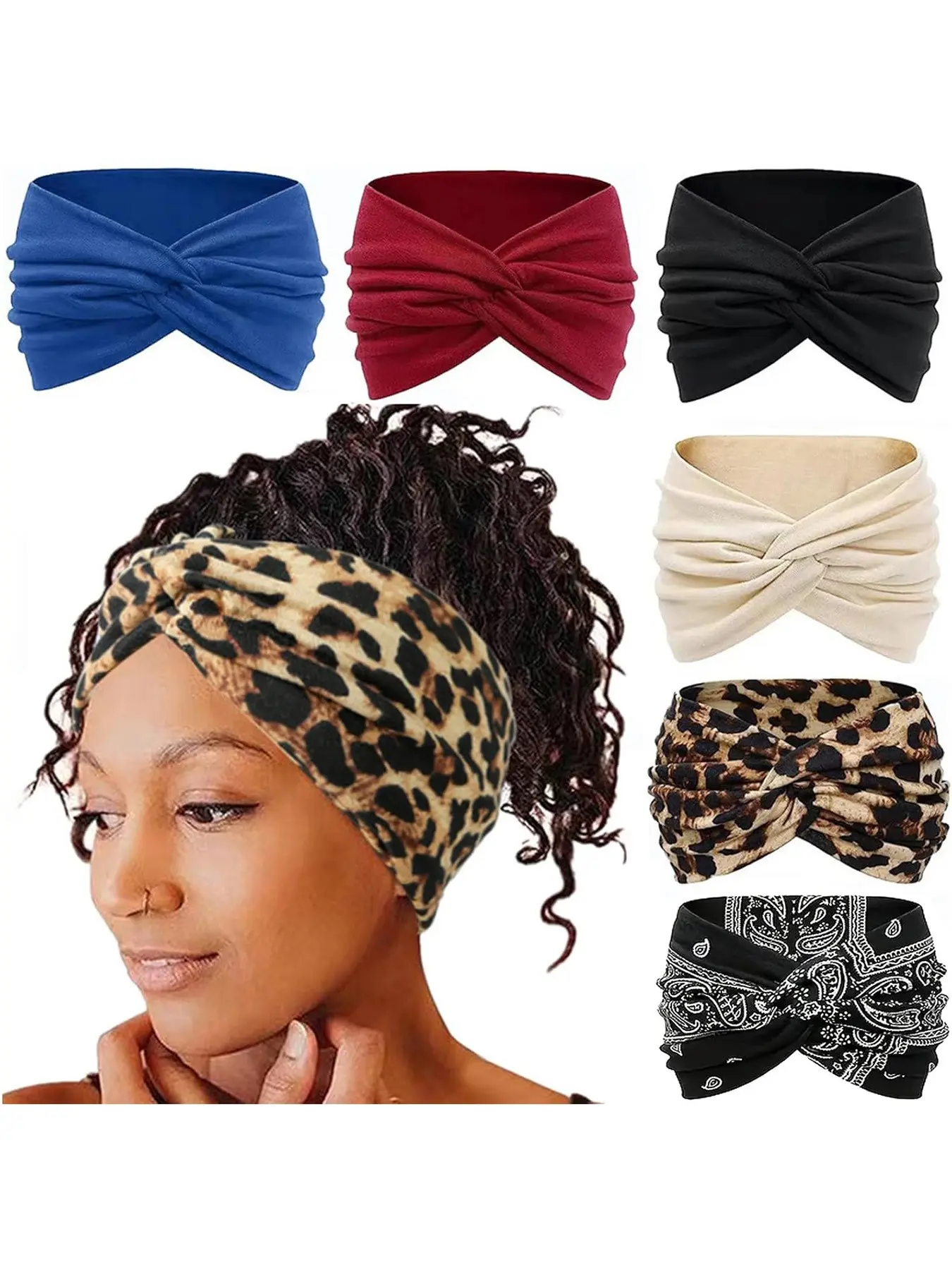 6-piece Bohemian women's printed headband fashionable elastic cashew cross headband outdoor fitness running fitness anti slip breathable sweat absorbing headband daily wear hair accessories