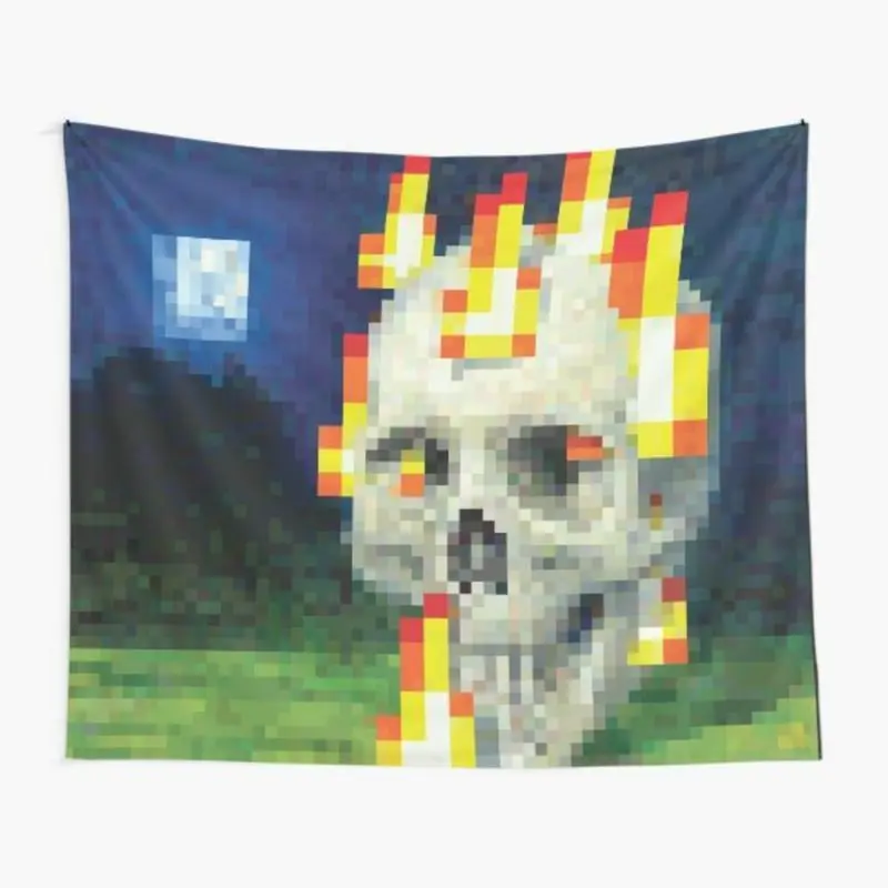 Skull in Flames Velvet Peach Tapestry, 60"x40" Trippy Alternative Gothic Artwork Print Wall Decor,