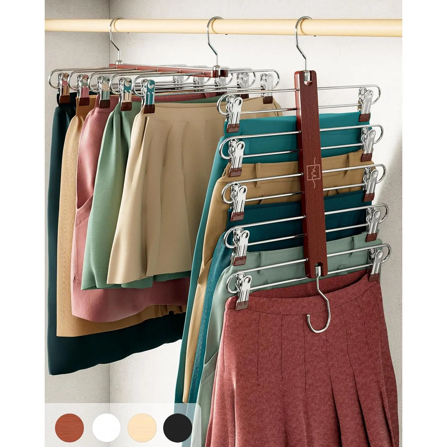 Skirt Hangers Space Saving with Clips - 2 Pack - European Beechwood 5-Tier Hanger for Shorts, Skirts, and Pants - Closet Organizer and Storage Solution for Women with 360° Swivel Hook